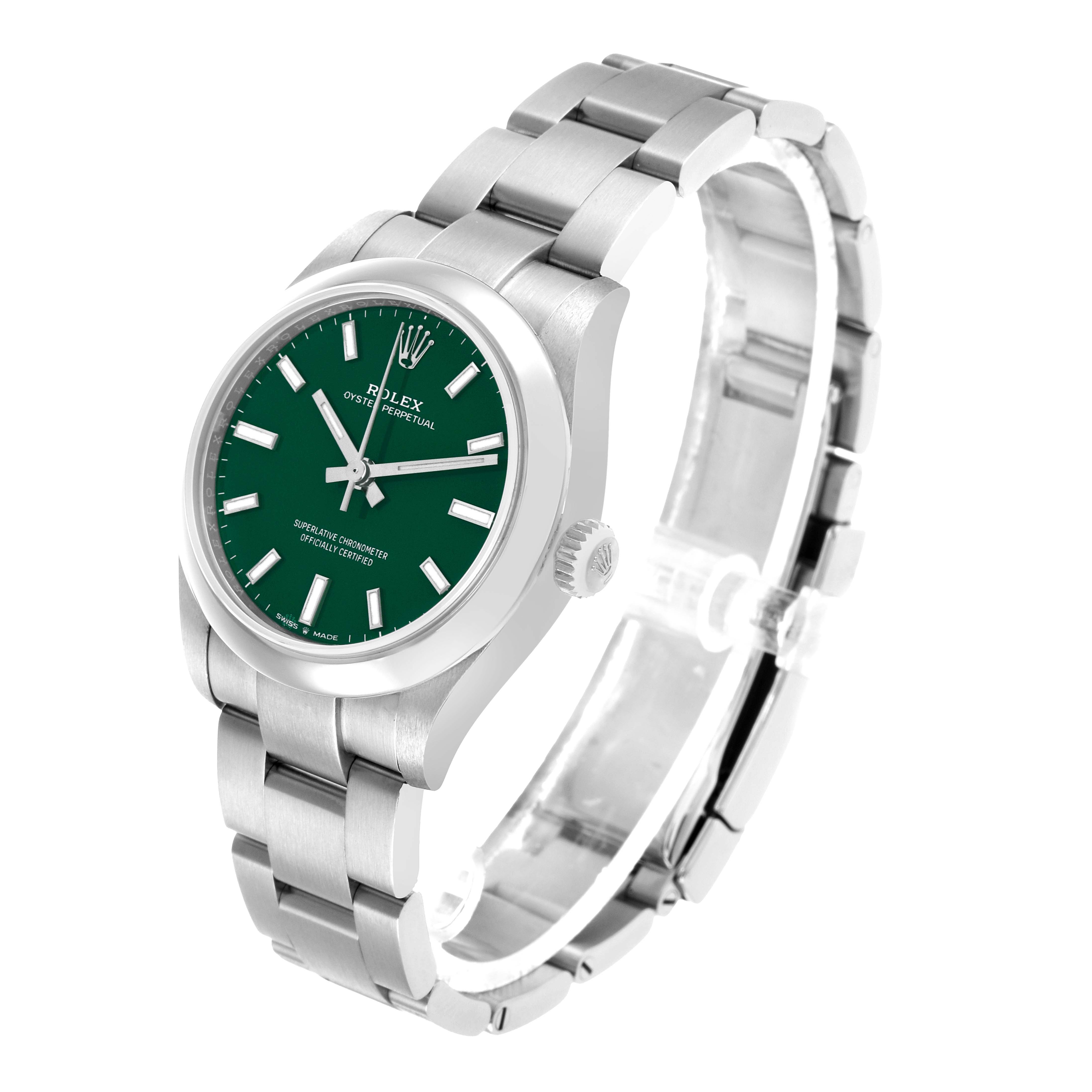 The Rolex Mid-Size 277200 Women's Stainless Steel Green Dial watch is angled to show the face, bezel, crown, and bracelet clearly from a side-front view.
