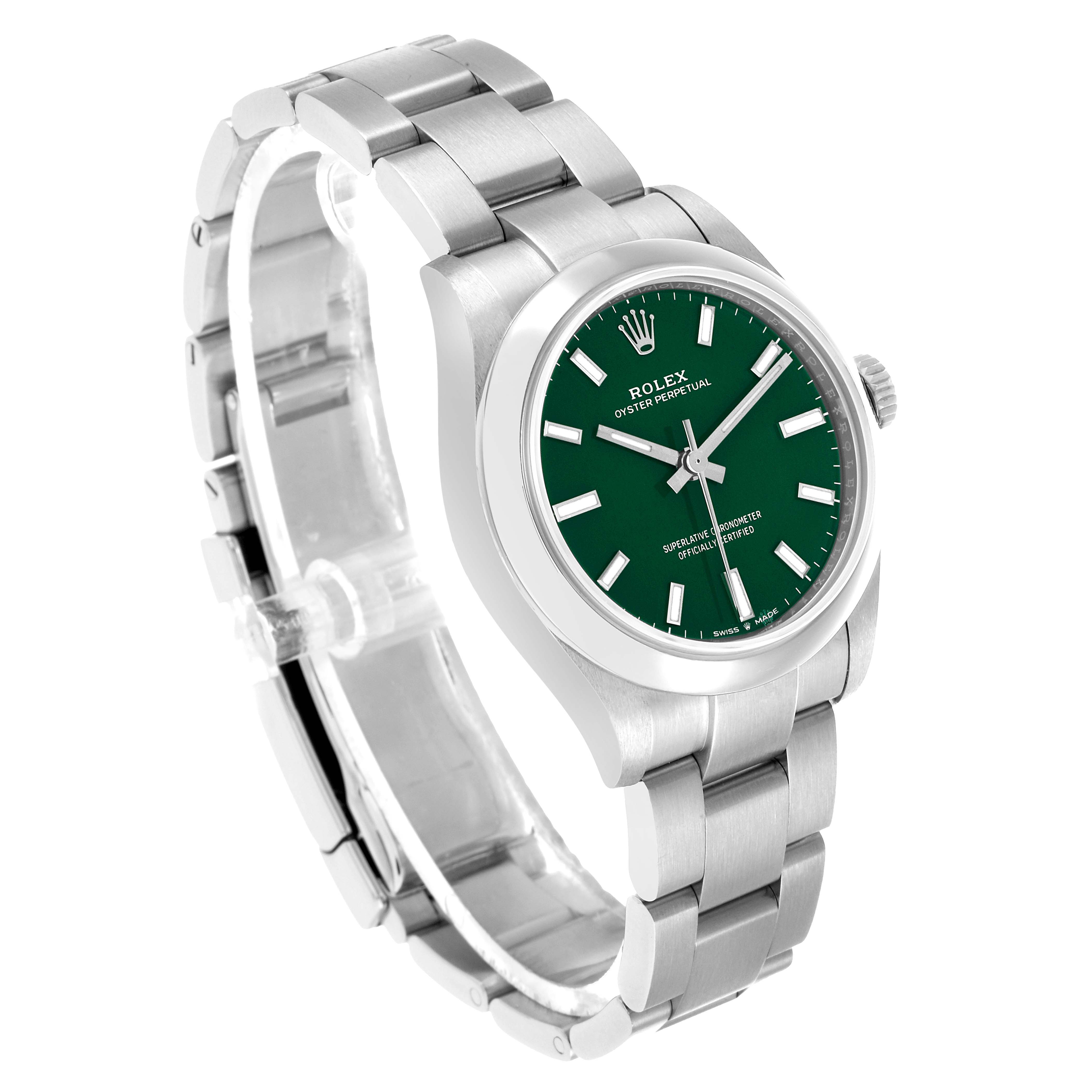 The Rolex Mid-Size 277200 Women's Stainless Steel Green Dial watch is shown from an angled top view, highlighting the green dial, bezel, bracelet, and crown.