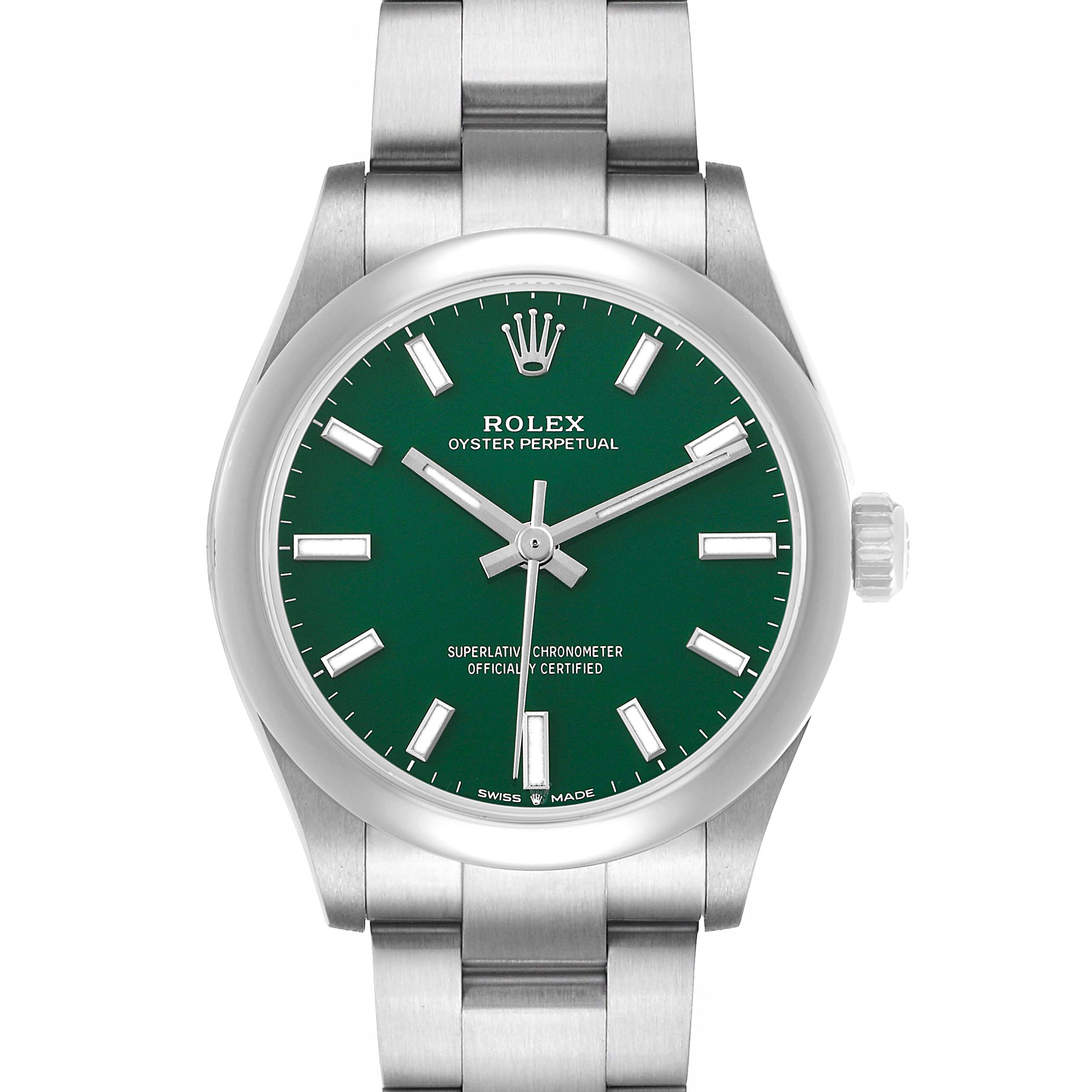 The Rolex Oyster Perpetual Mid-Size watch is shown from the front, highlighting the green dial, hands, and part of the bracelet.