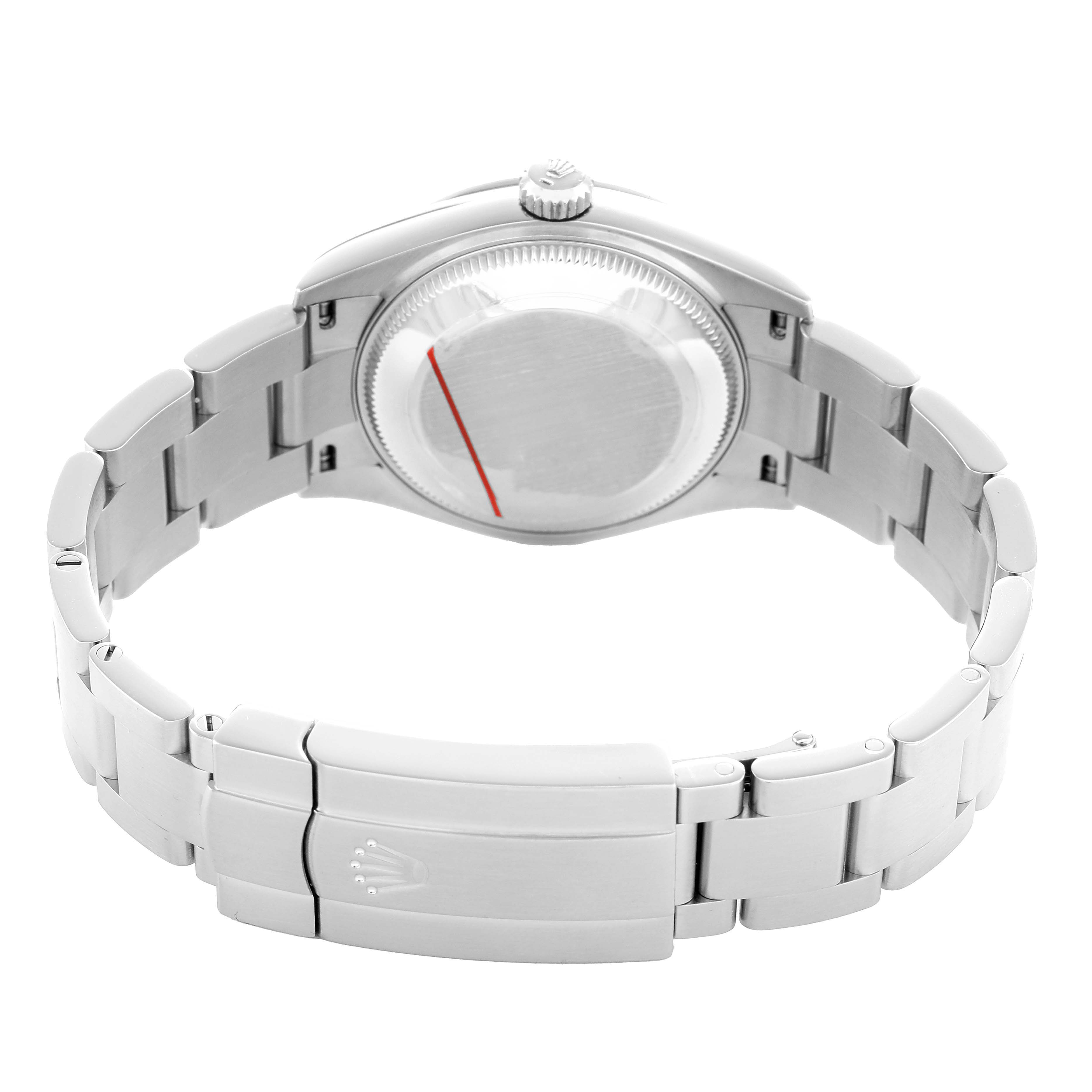 The Rolex Mid-Size 277200 Women's Stainless Steel Green Dial watch is shown from the case back angle, highlighting the bracelet and clasp.