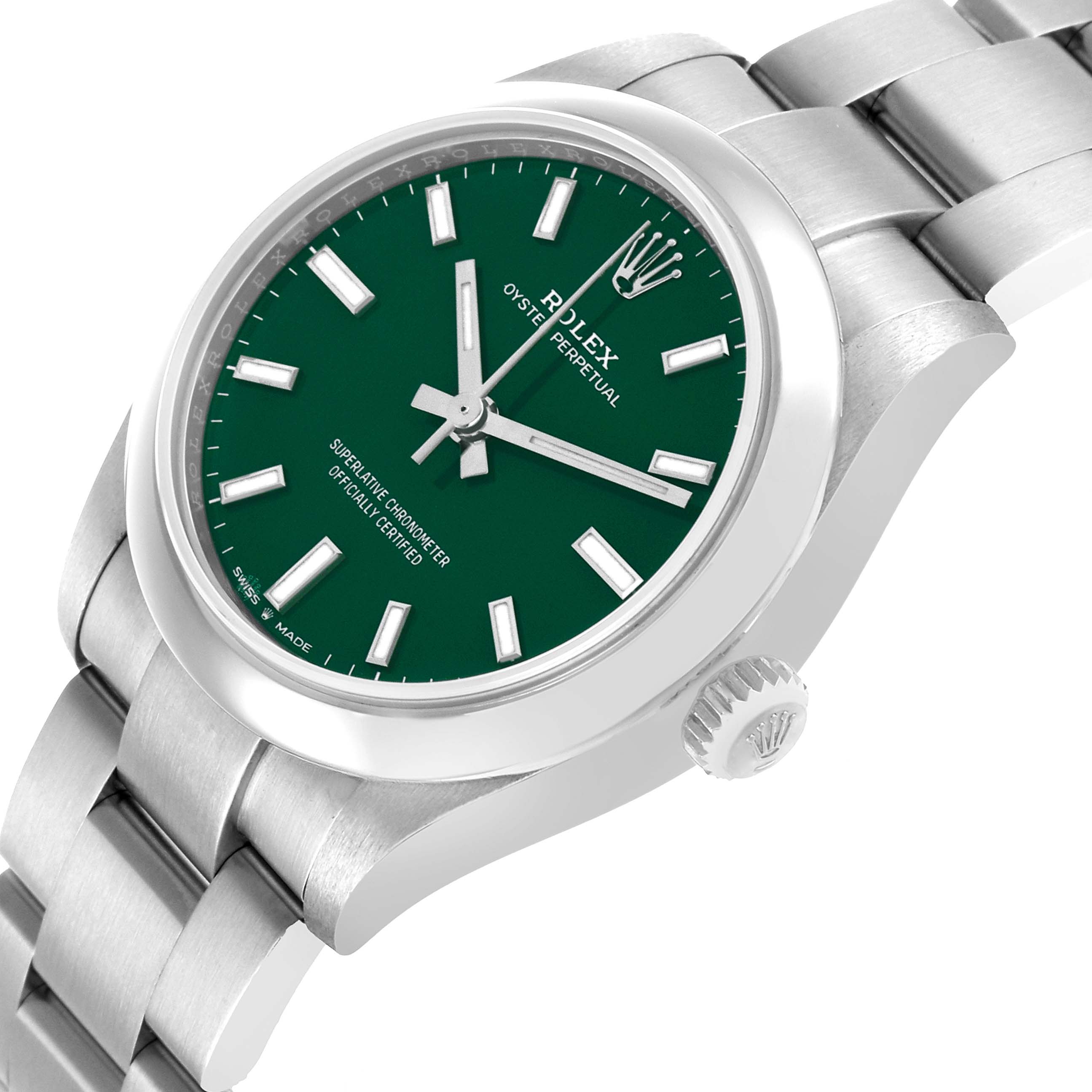 The Rolex Mid-Size 277200 Women's Stainless Steel Green Dial model is shown from an angled side view, displaying the green dial, bezel, crown, and part of the bracelet.