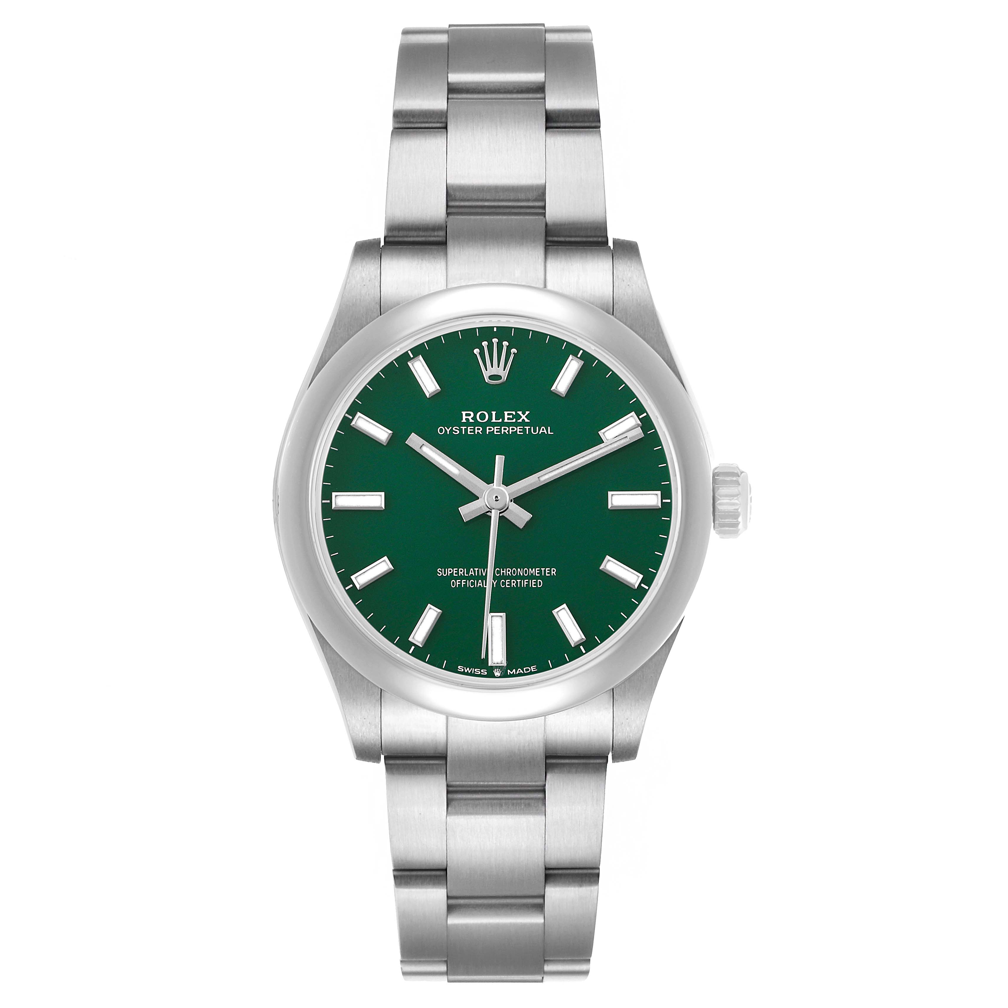 The Rolex Mid-Size 277200 Women's Stainless Steel Green Dial watch is shown from the front, displaying its green dial, silver hour markers, and stainless steel bracelet.