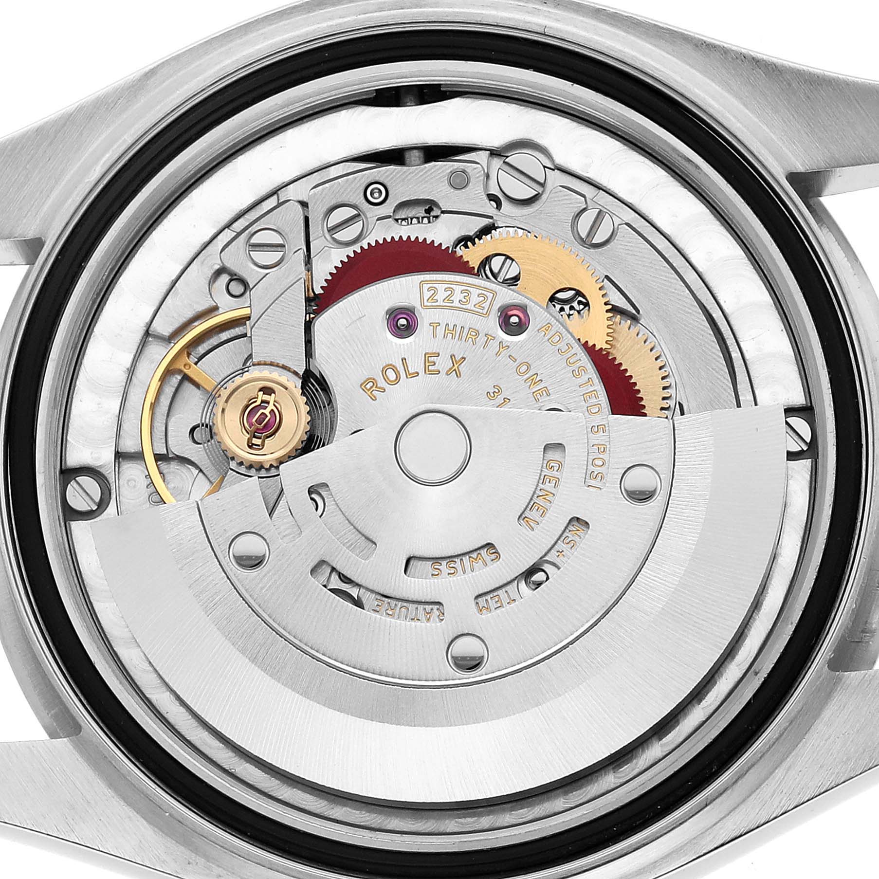 This image shows the back view of a Rolex Mid-Size 277200 Women's Stainless Steel Green Dial watch, highlighting its intricate movement and internal components.