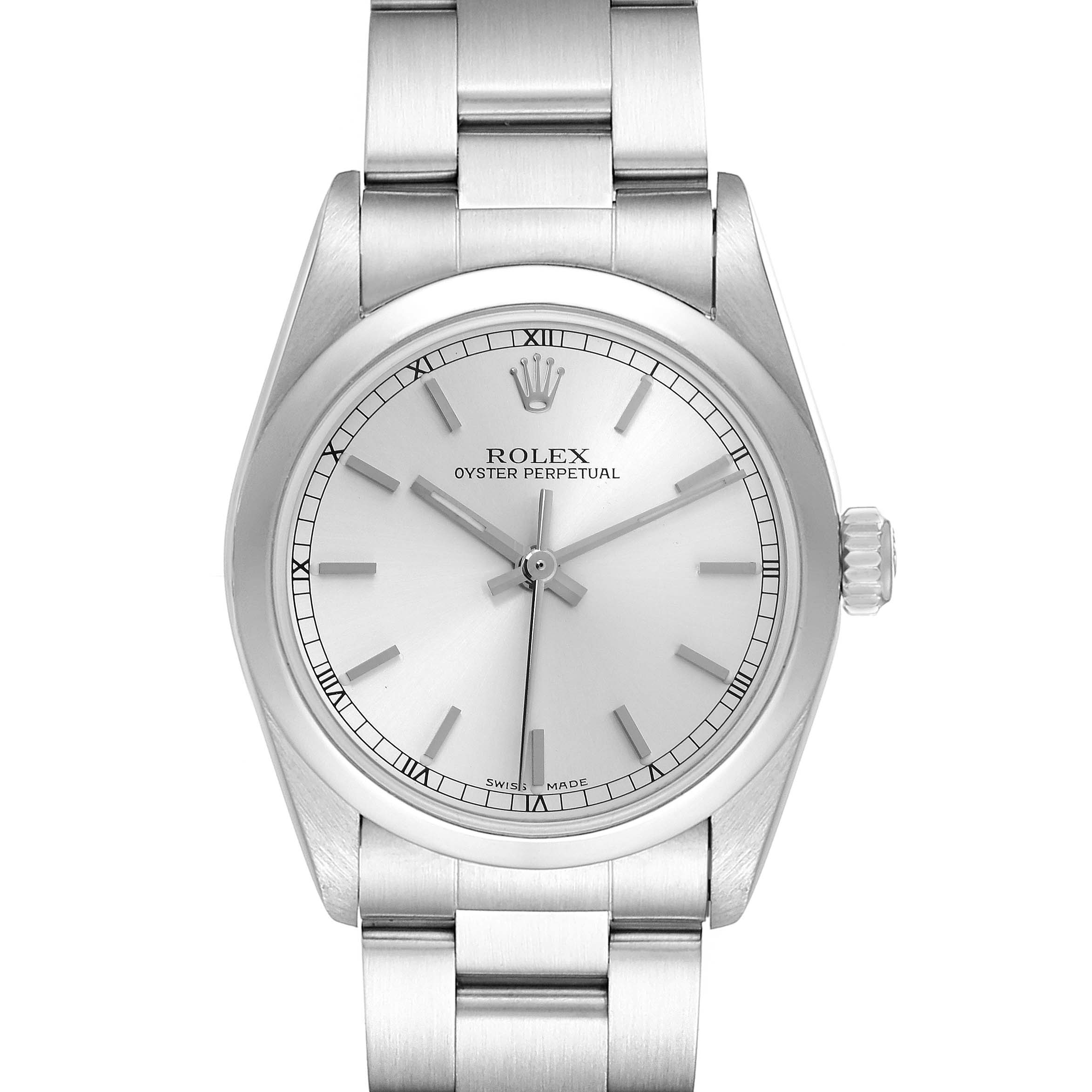 This image shows a front view of a Rolex Mid-Size 77080 Women's Stainless Steel Silver Dial 77080 Women's Stainless Steel Silver Dial Oyster Perpetual, featuring the dial, bezel, crown, and part of the bracelet.