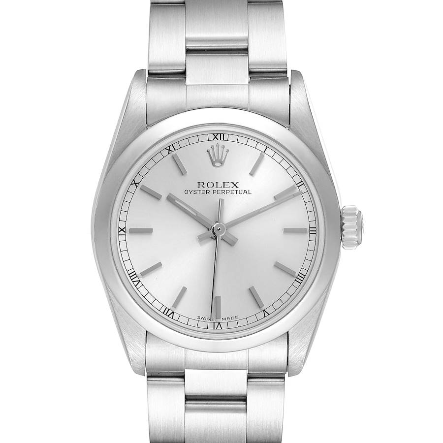 This image shows a front view of a Rolex Mid-Size Oyster Perpetual, featuring the dial, bezel, crown, and part of the bracelet.