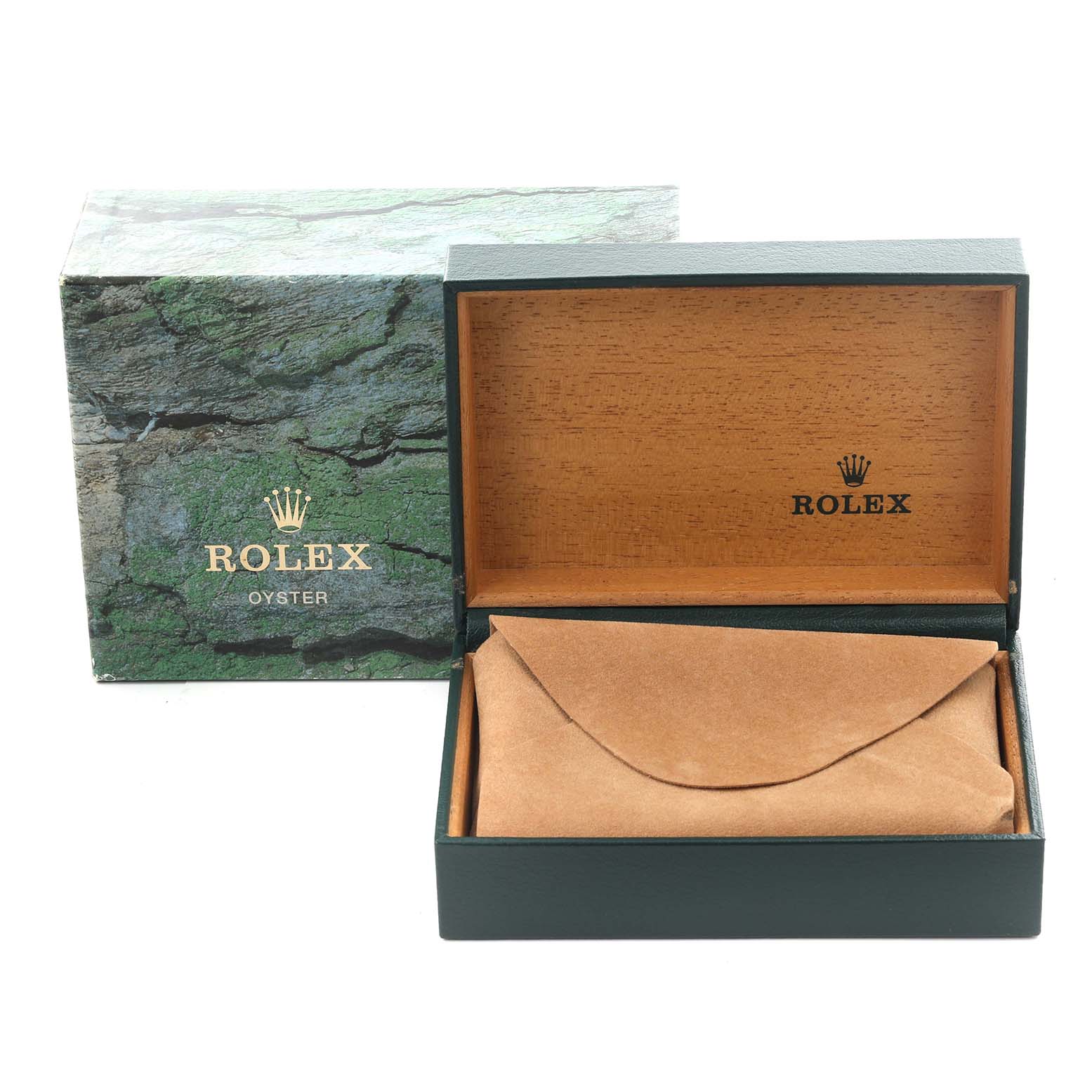 The image shows a Rolex Mid-Size 77080 Women's Stainless Steel Silver Dial 77080 Women's Stainless Steel Silver Dial watch box and case from the front, with the box open and a suede pouch inside.