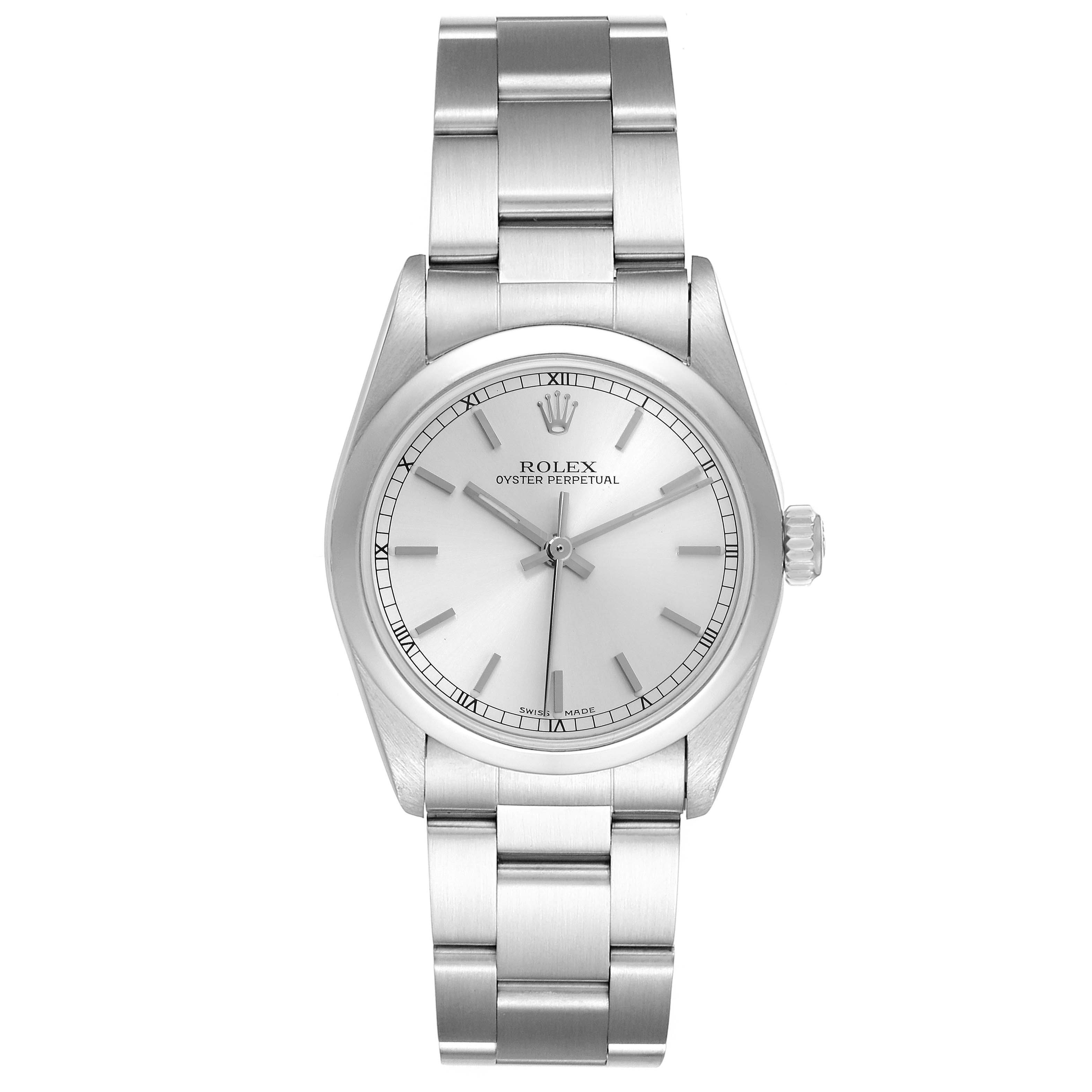 The Rolex Mid-Size 77080 Women's Stainless Steel Silver Dial 77080 Women's Stainless Steel Silver Dial model is shown from the front, displaying the face, bezel, and bracelet links.