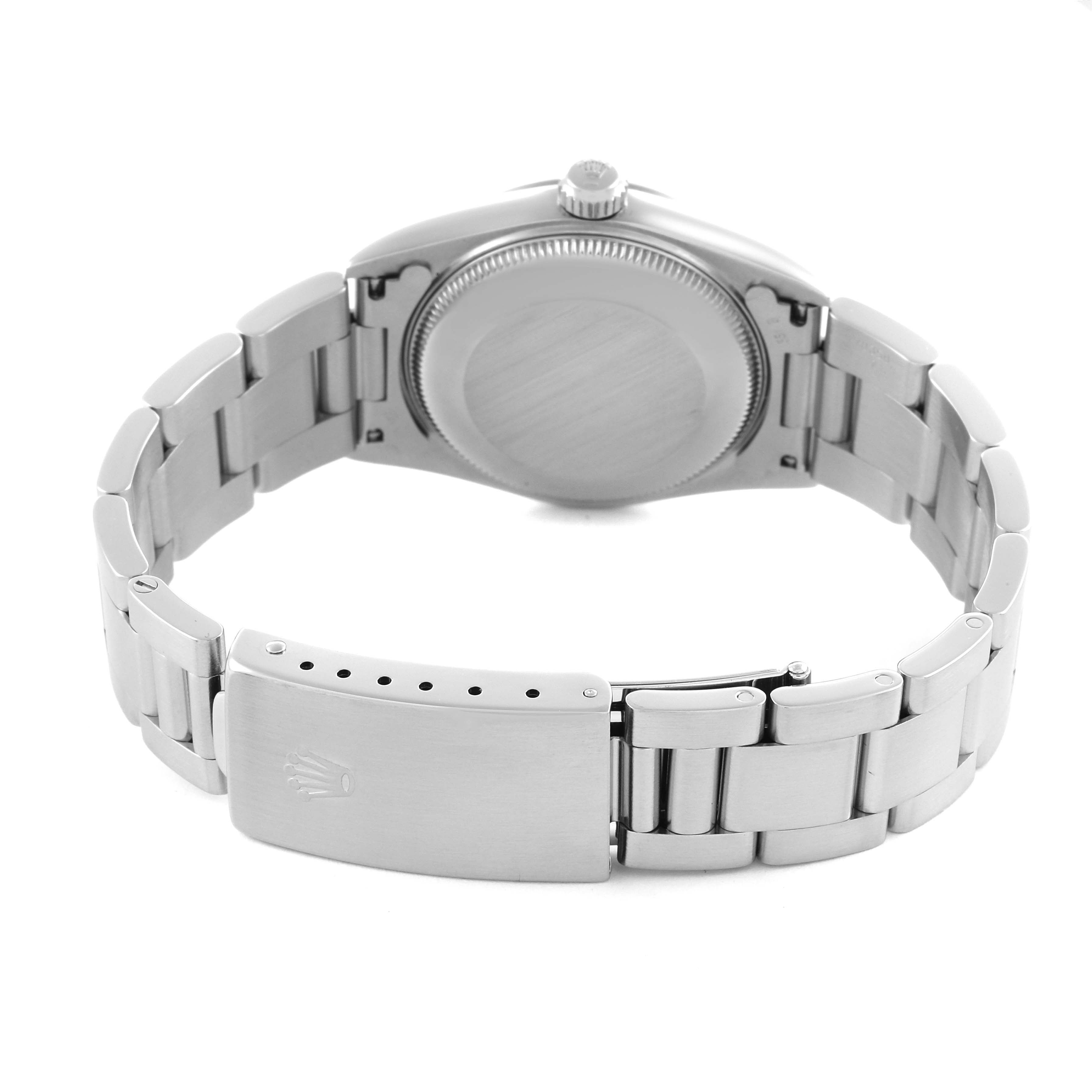 This image shows the back and bracelet of a Rolex Mid-Size 77080 Women's Stainless Steel Silver Dial 77080 Women's Stainless Steel Silver Dial model, highlighting the clasp and case back.
