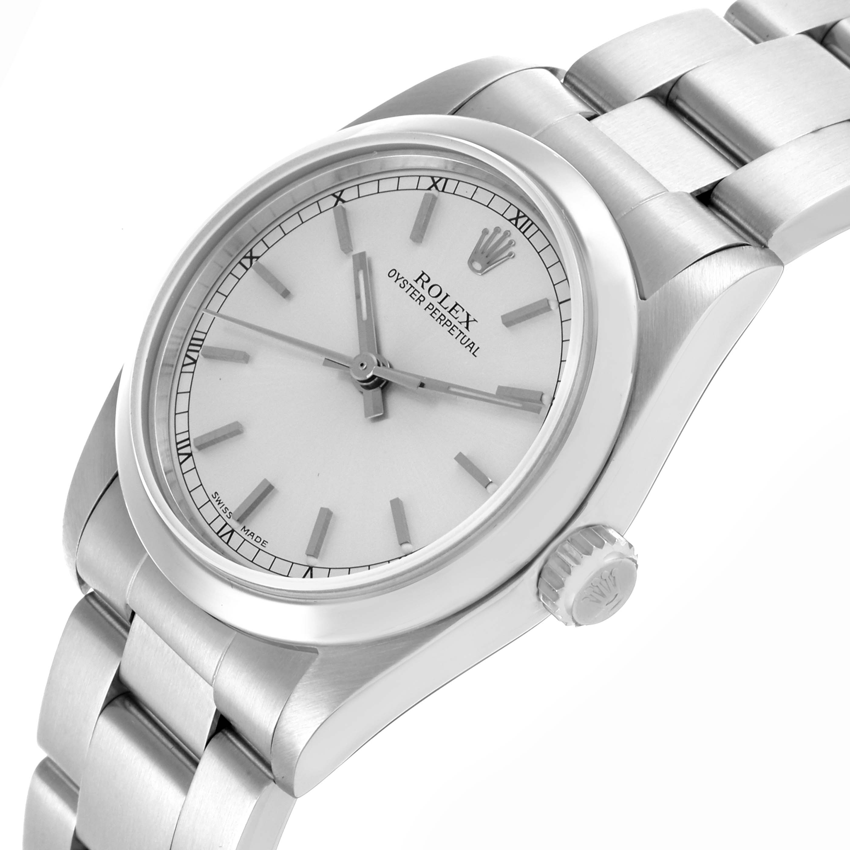 The Rolex Mid-Size 77080 Women's Stainless Steel Silver Dial 77080 Women's Stainless Steel Silver Dial watch is shown at a slight angle, displaying the dial, case, crown, and bracelet.