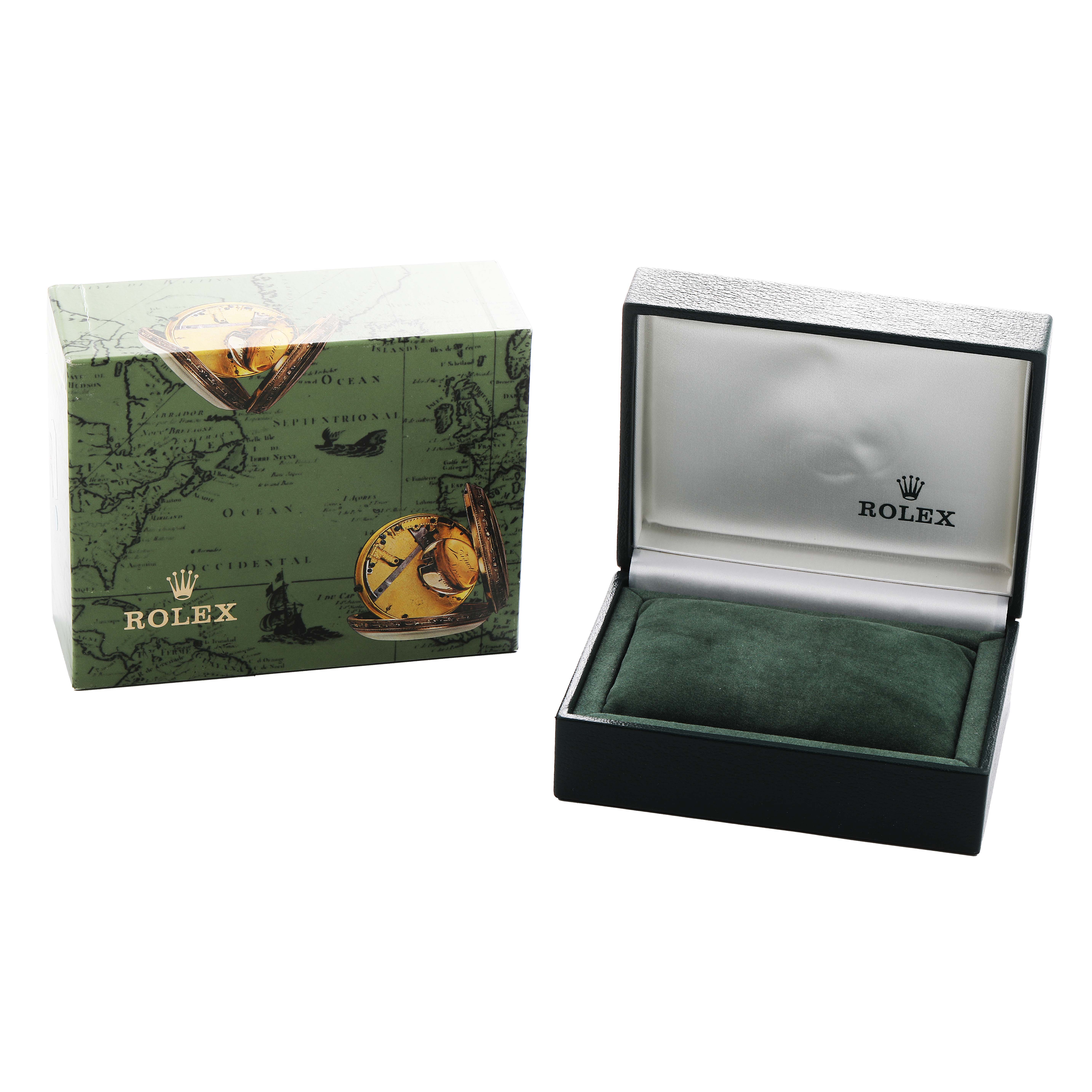 The image shows a Rolex Mid-Size 77080 Women's Stainless Steel Silver Dial model box and an open watch case at a three-quarter angle.