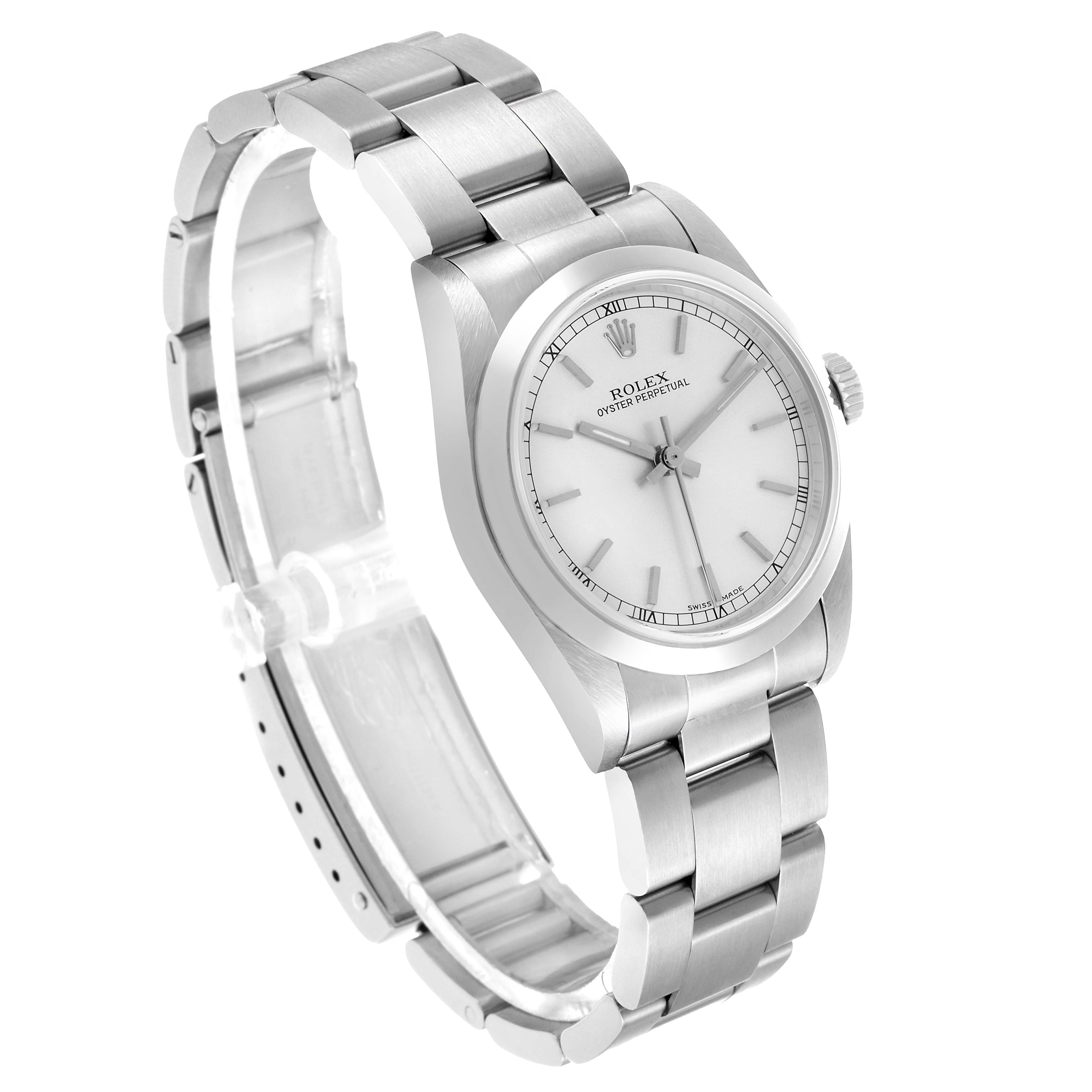 The Rolex mid-size watch is shown at a 3/4 angle, displaying the face, bezel, crown, and part of the metal bracelet.