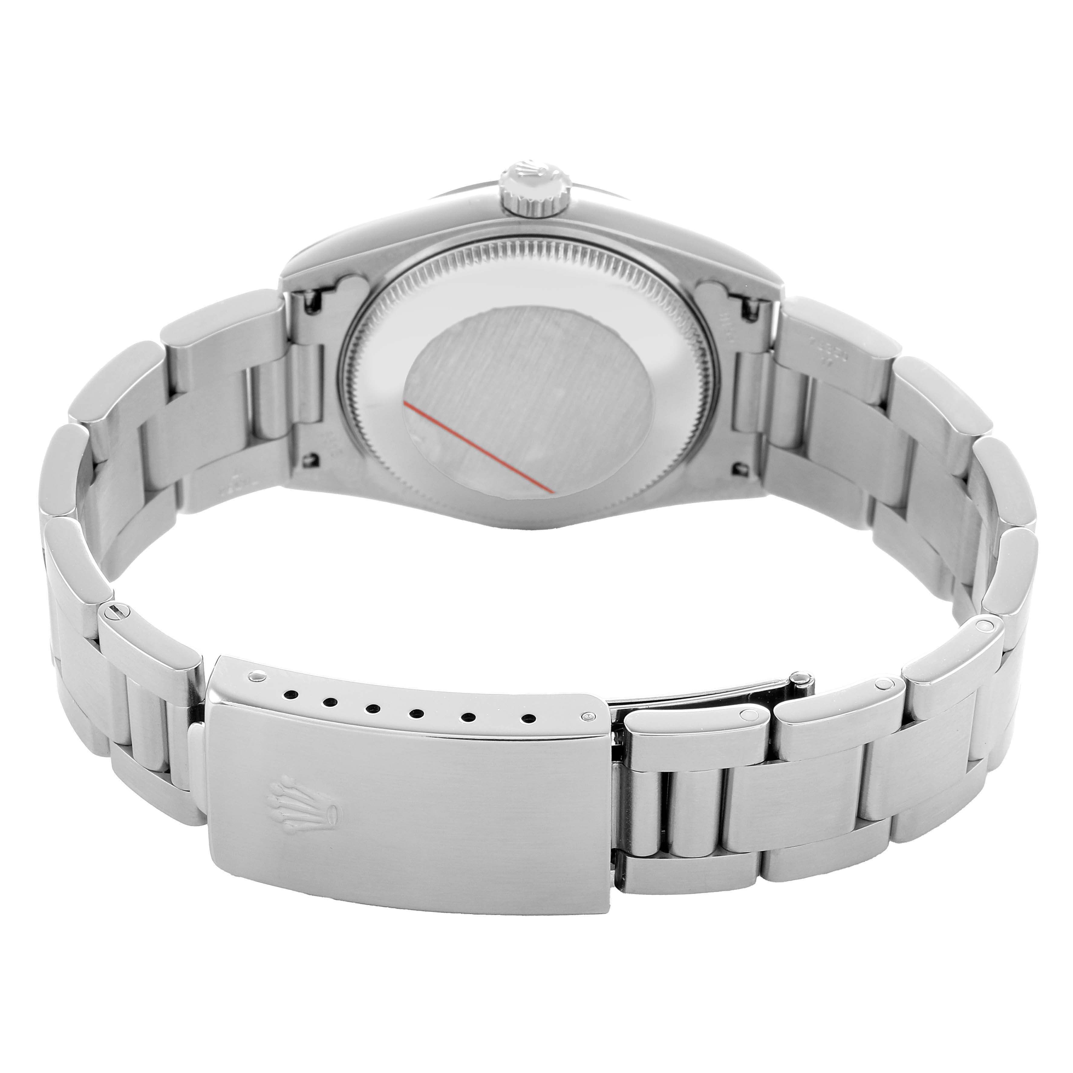 The Rolex Mid-Size 77080 Women's Stainless Steel Silver Dial watch is viewed from the back, showing the case back and bracelet clasp.