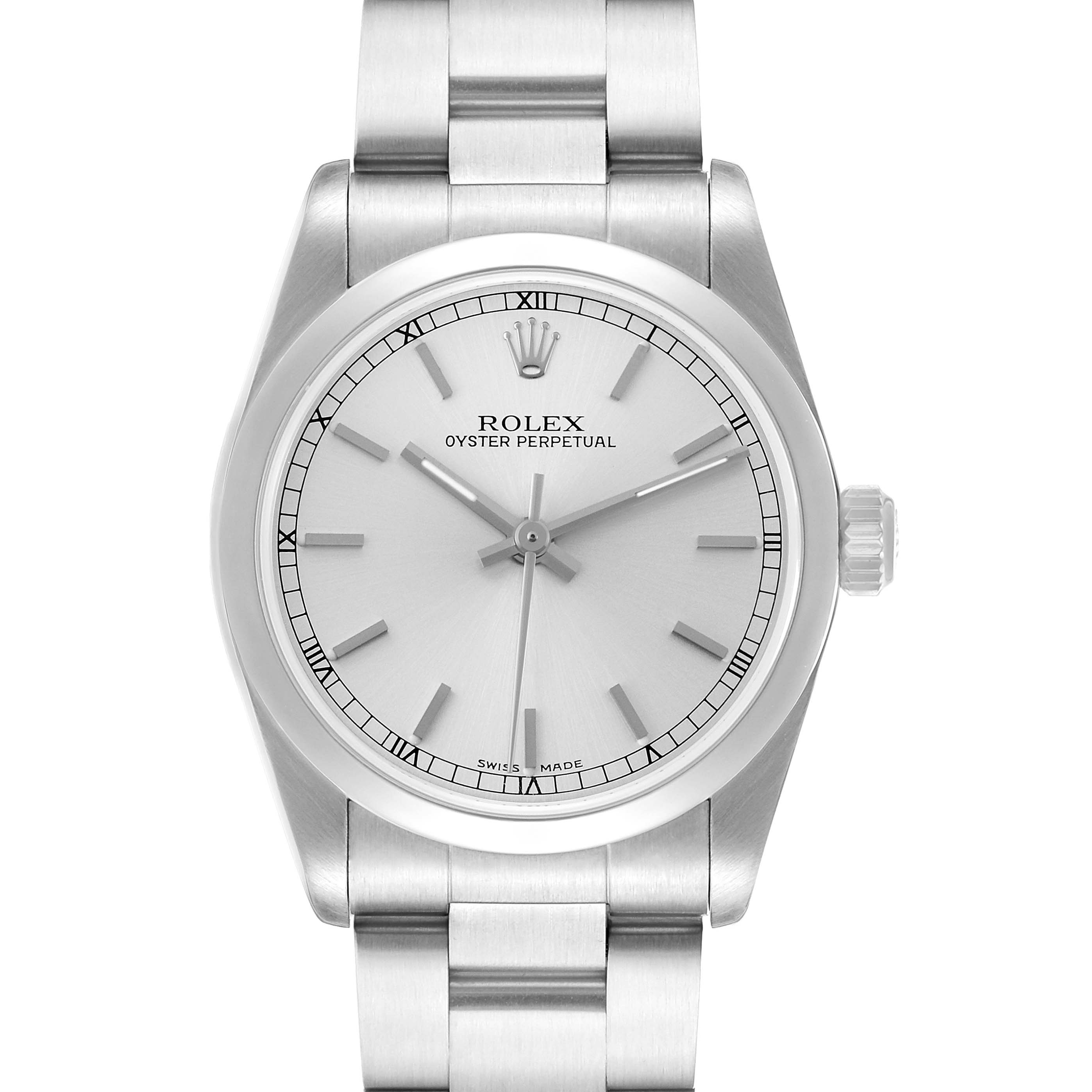 The Rolex Mid-Size 77080 Women's Stainless Steel Silver Dial watch is shown from a front angle, displaying the dial, hands, crown, and bracelet links.