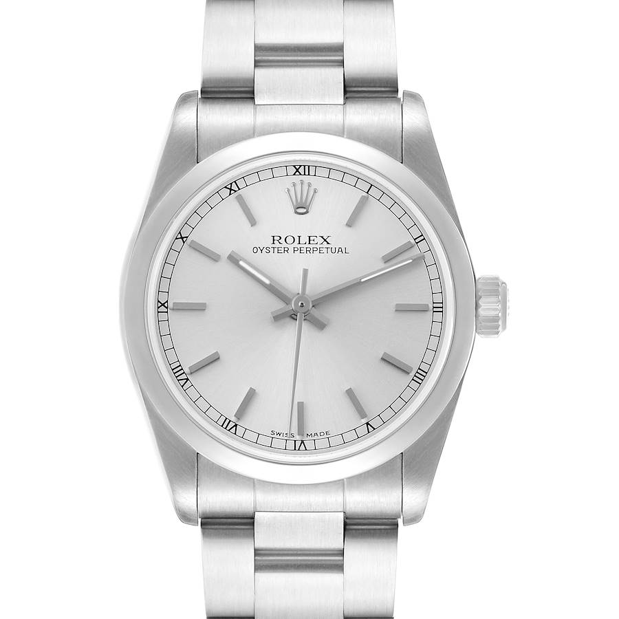 The Rolex Mid-Size 77080 Women's Stainless Steel Silver Dial watch is shown from a front angle, displaying the dial, hands, crown, and bracelet links.