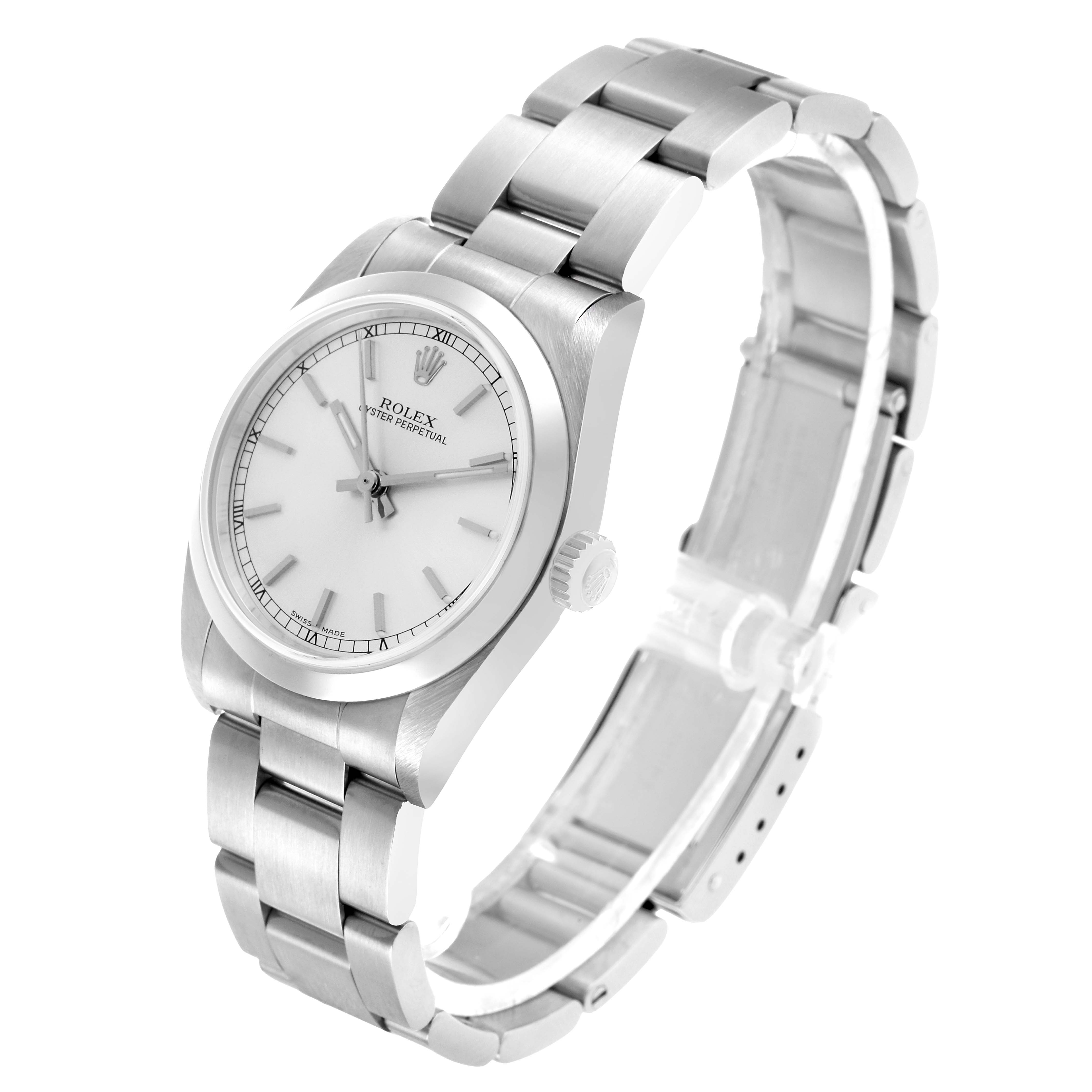 The image shows a side angle of a Rolex Oyster Perpetual Mid-Size watch, highlighting the dial, case, crown, and bracelet.