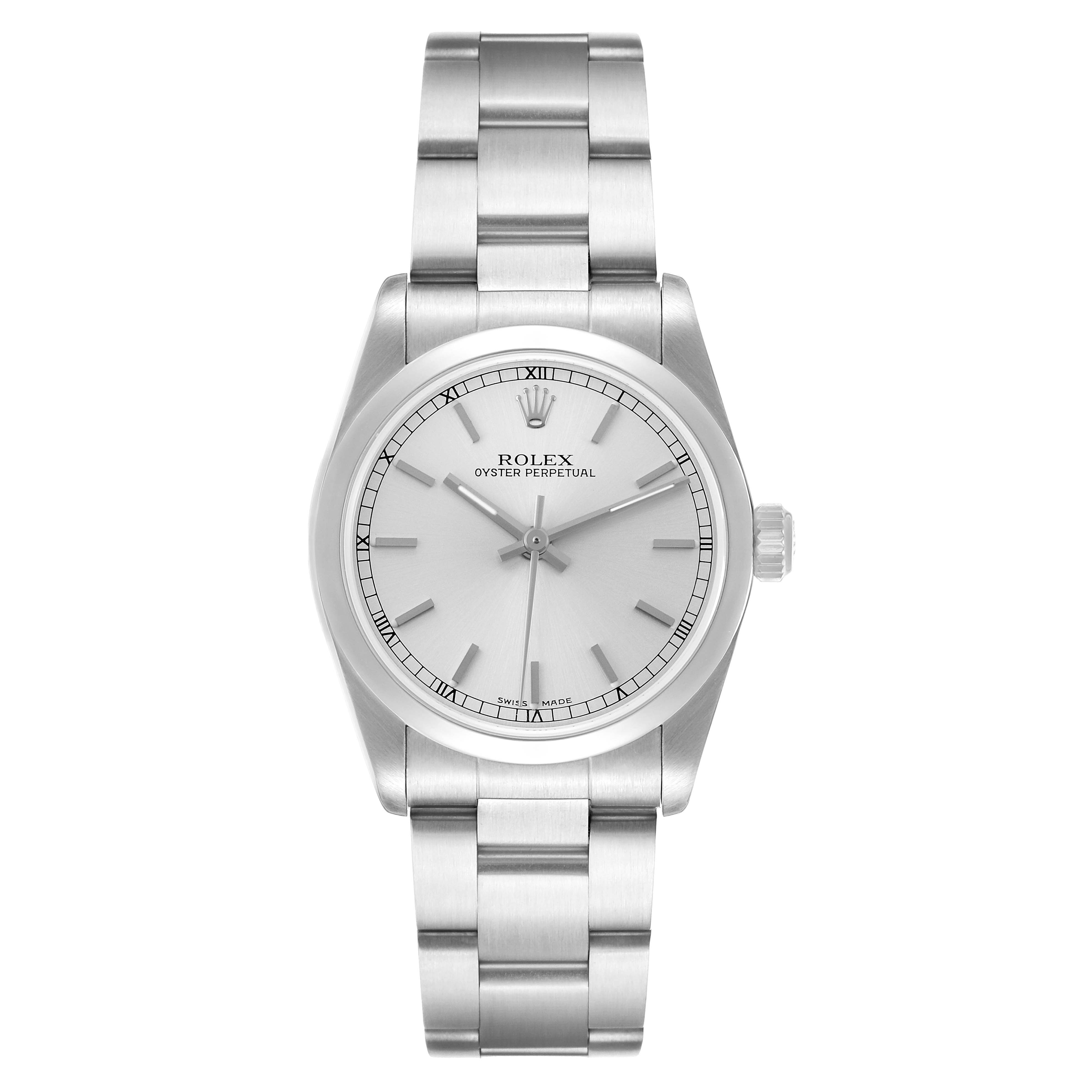 The Rolex Mid-Size 77080 Women's Stainless Steel Silver Dial watch is shown from a front angle, displaying the dial, bezel, and bracelet.