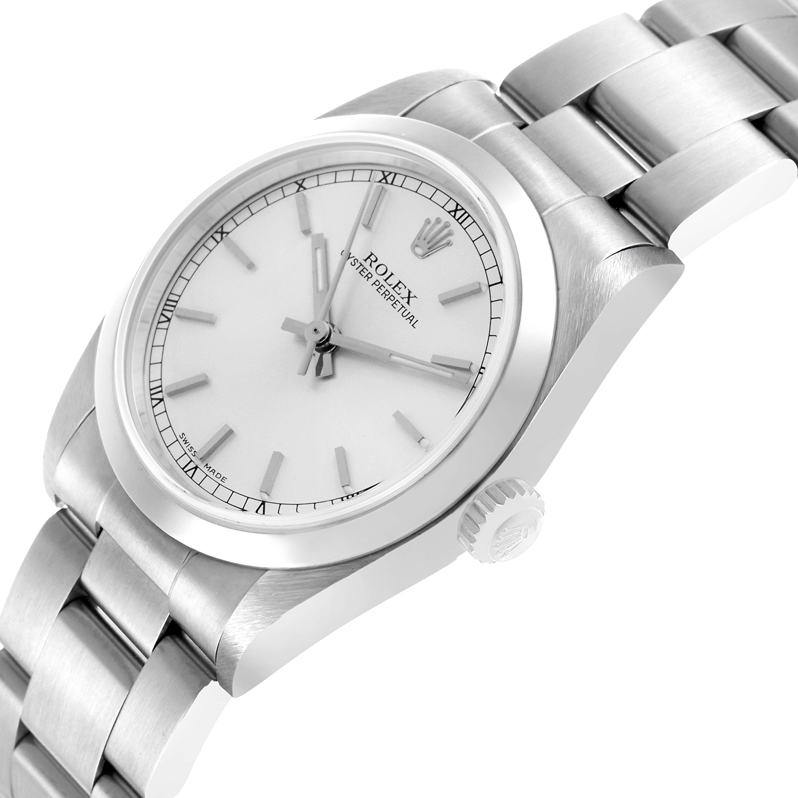 The Rolex Mid-Size 77080 Women's Stainless Steel Silver Dial watch is shown at an angle displaying the face, bezel, crown, and part of the bracelet.