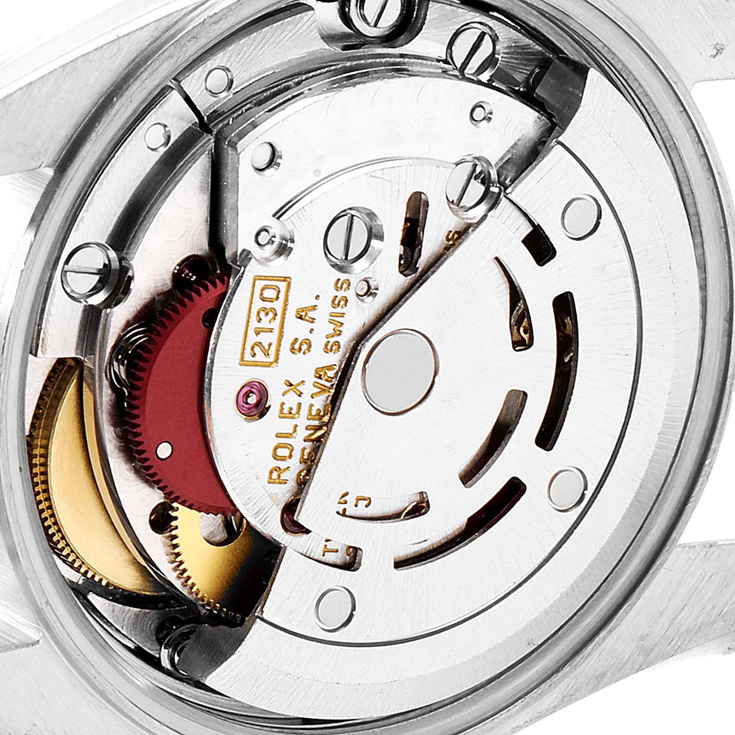 The image shows the internal movement components of a Rolex Oyster Perpetual 67180 Women's Stainless Steel Pink Dial 67180 Women's Stainless Steel Pink Dial watch seen from the back.