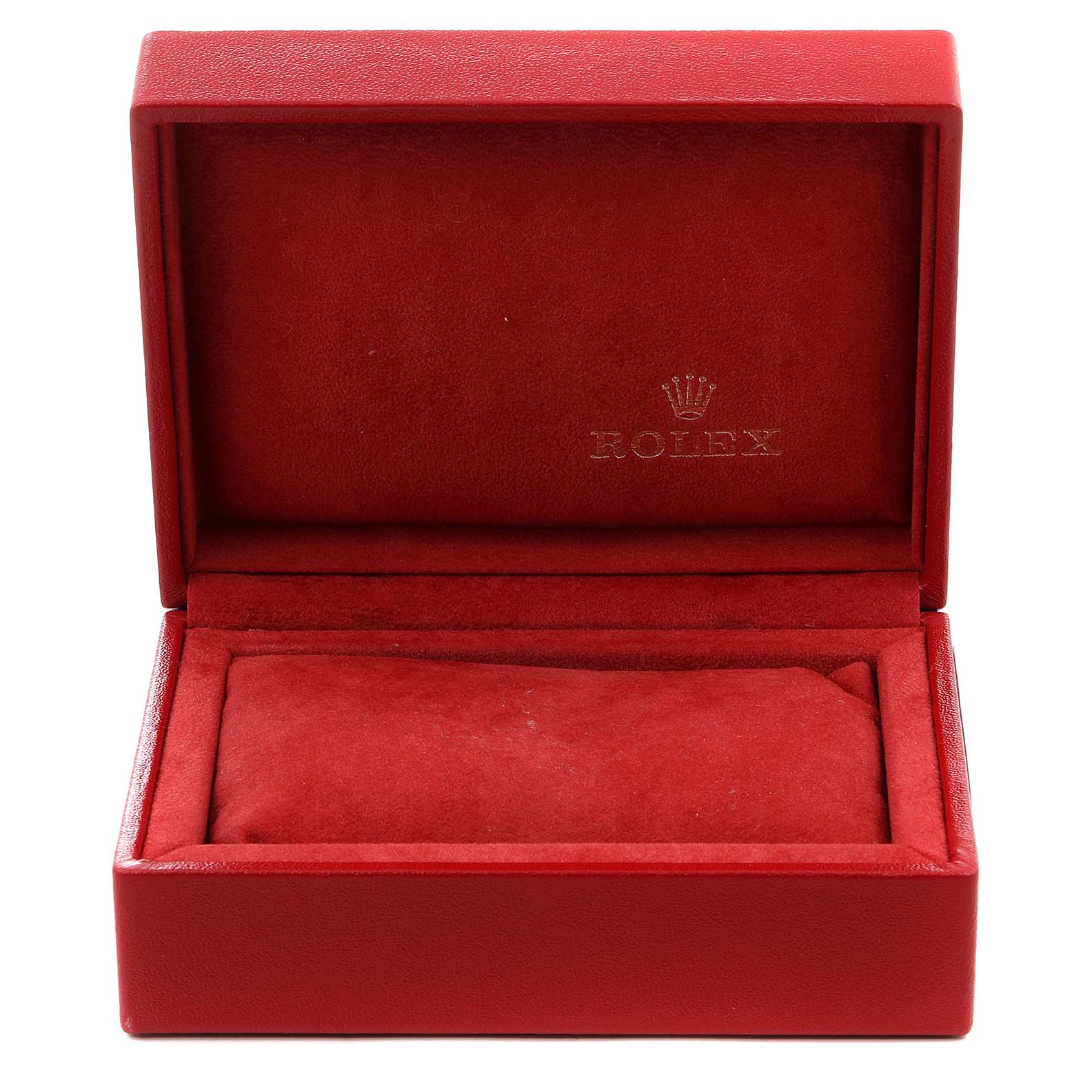 This image shows an open red Rolex box designed for an Oyster Perpetual model watch, displaying the interior containing a pillow.