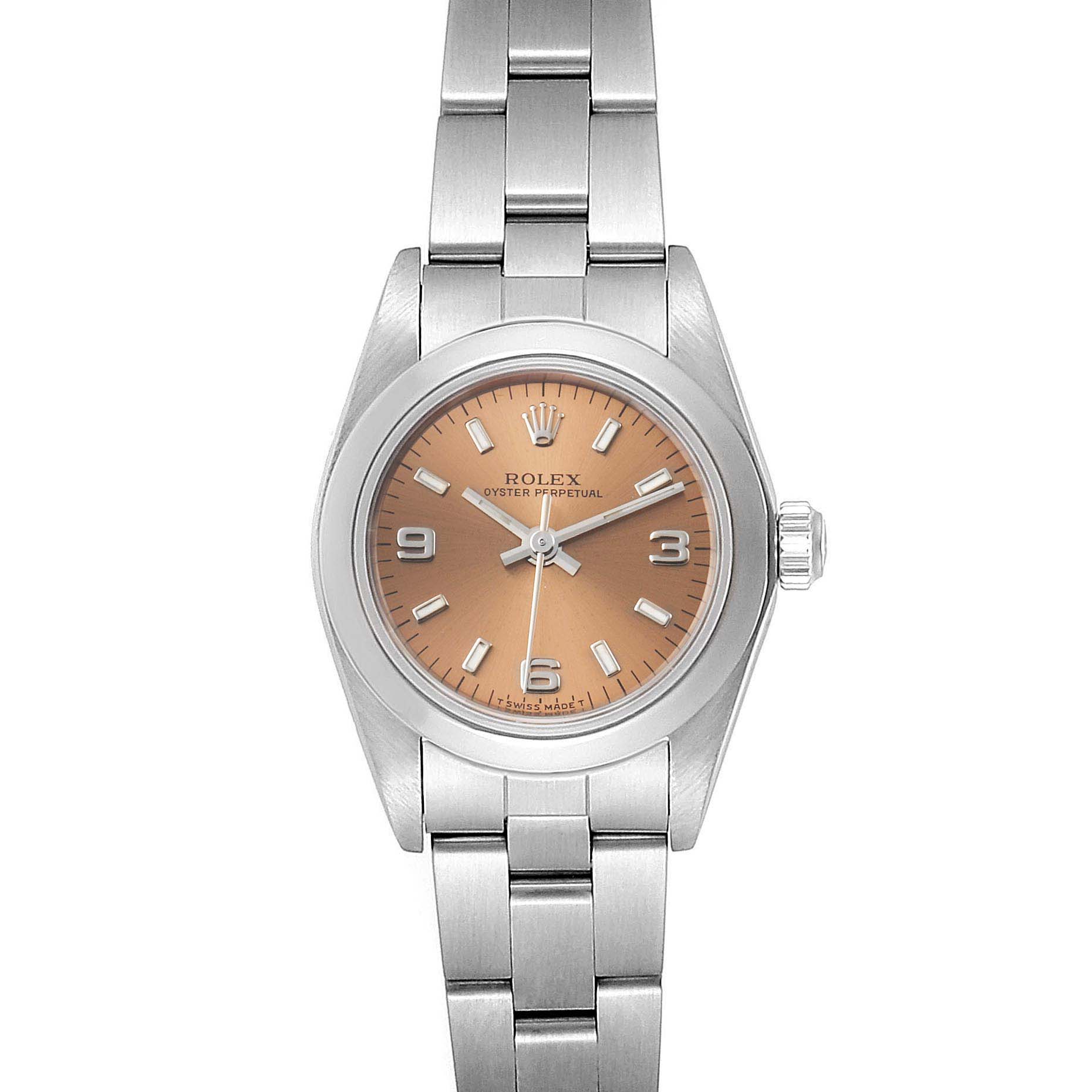 The Rolex Oyster Perpetual 67180 Women's Stainless Steel Pink Dial 67180 Women's Stainless Steel Pink Dial watch is shown from the front, displaying the dial, bezel, case, crown, and bracelet.