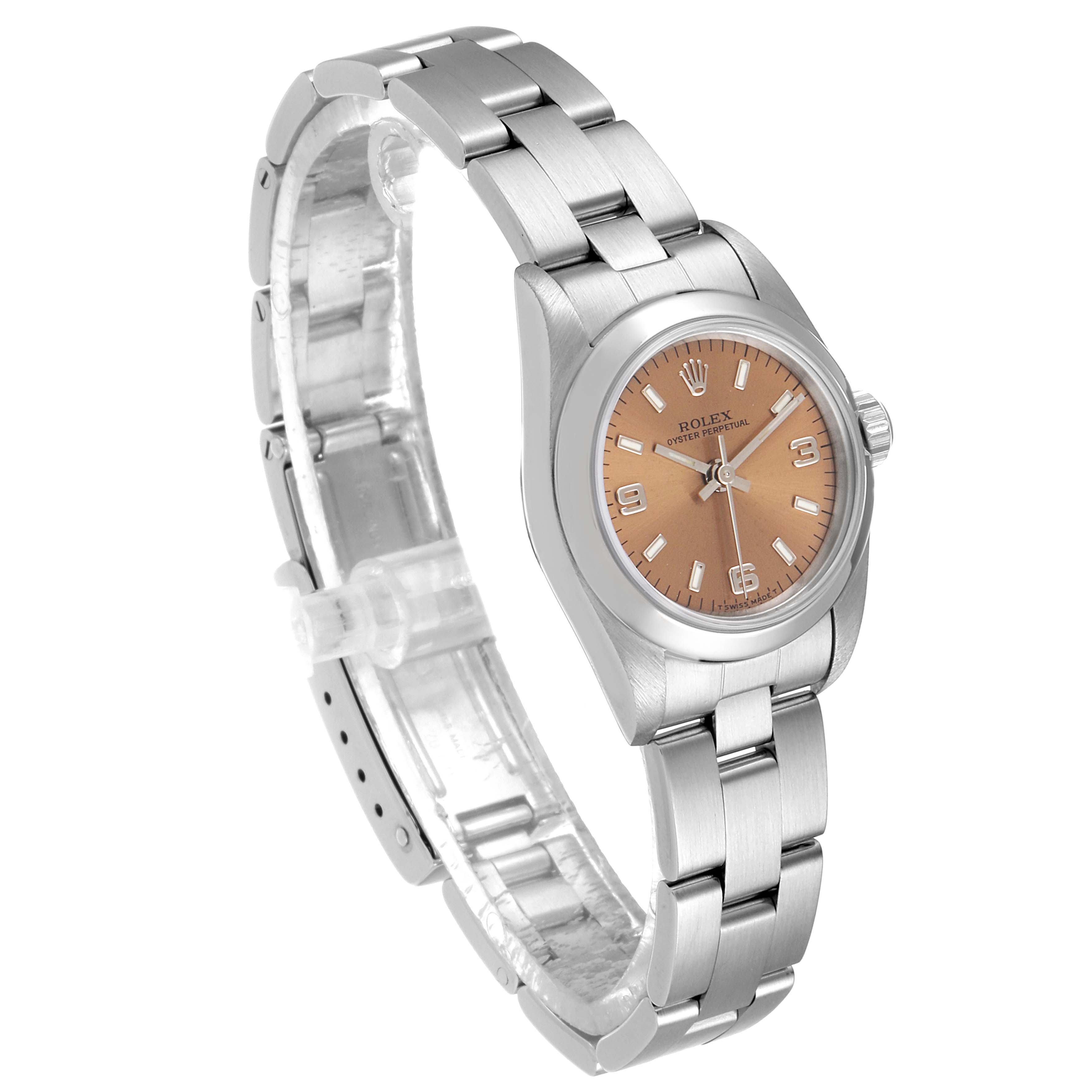 The Rolex Oyster Perpetual 67180 Women's Stainless Steel Pink Dial 67180 Women's Stainless Steel Pink Dial watch is shown at a three-quarter angle, highlighting its bracelet, dial, and bezel.