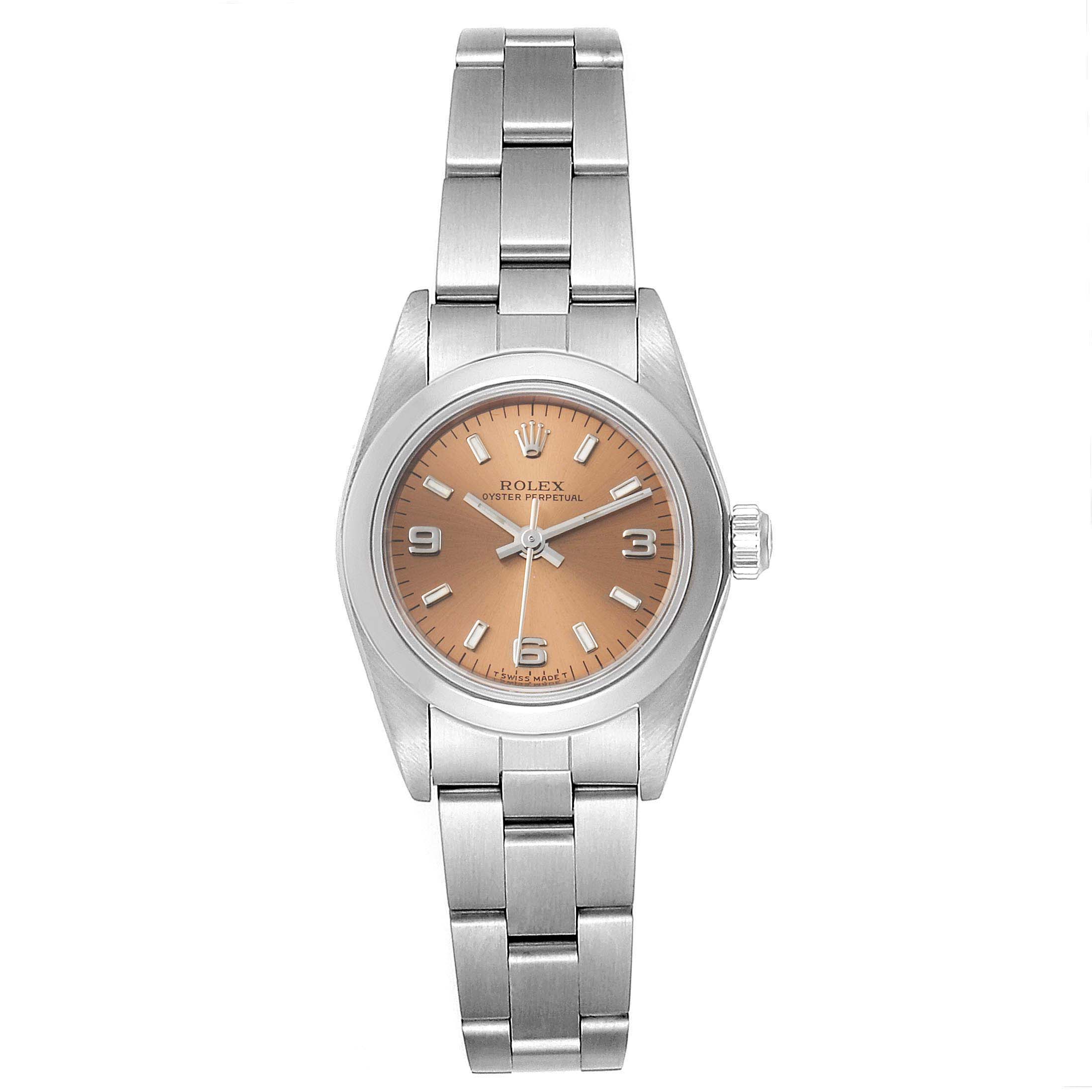 This image shows a frontal view of a Rolex Oyster Perpetual 67180 Women's Stainless Steel Pink Dial 67180 Women's Stainless Steel Pink Dial watch displaying its face, bezel, and stainless steel bracelet.