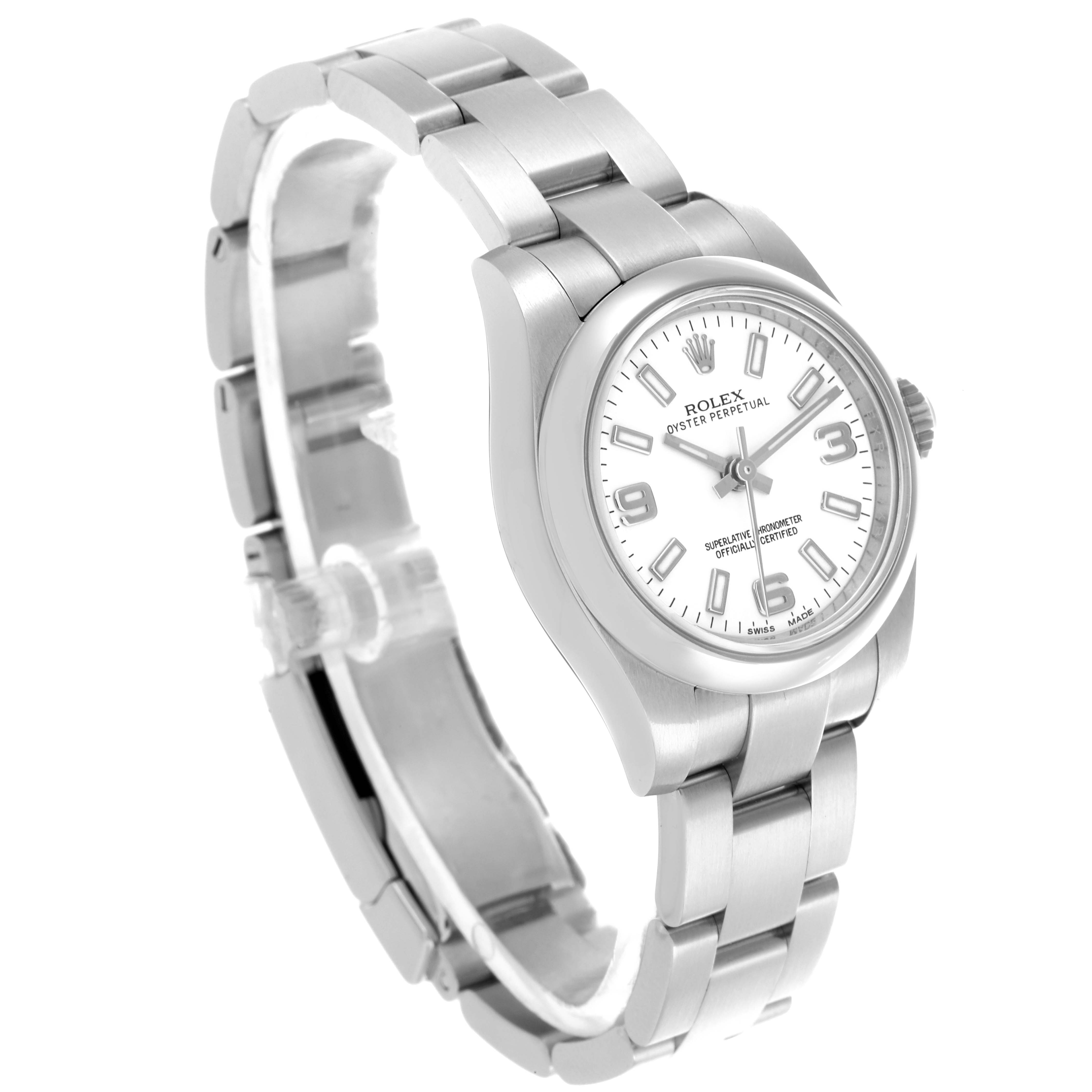 The Rolex Oyster Perpetual 176200 Women's Stainless Steel White Dial 176200 Women's Stainless Steel White Dial watch is shown at a three-quarter angle, highlighting the face, bezel, crown, and bracelet.
