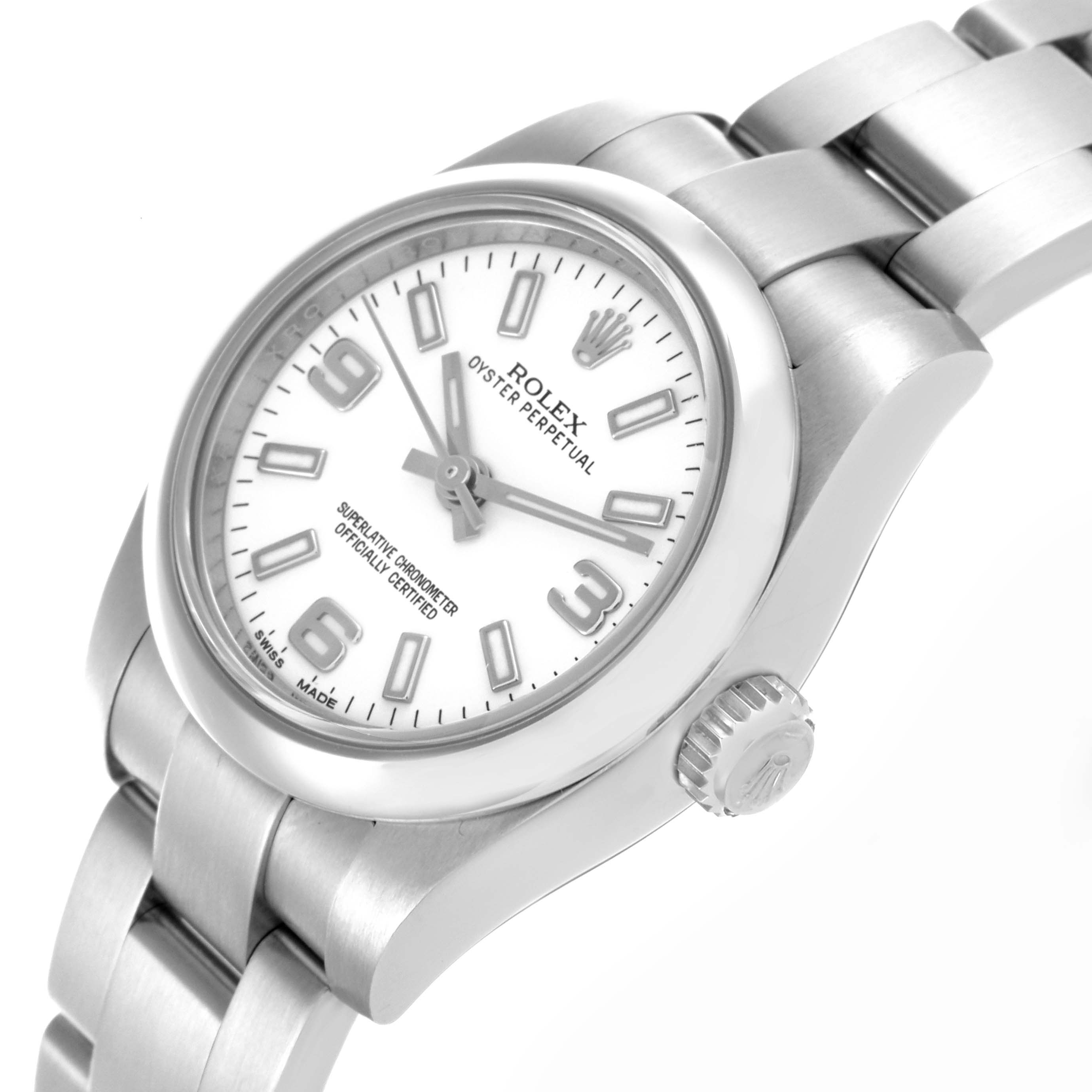 The Rolex Oyster Perpetual 176200 Women's Stainless Steel White Dial 176200 Women's Stainless Steel White Dial watch is shown at a tilted angle, displaying the dial, crown, and part of the bracelet.