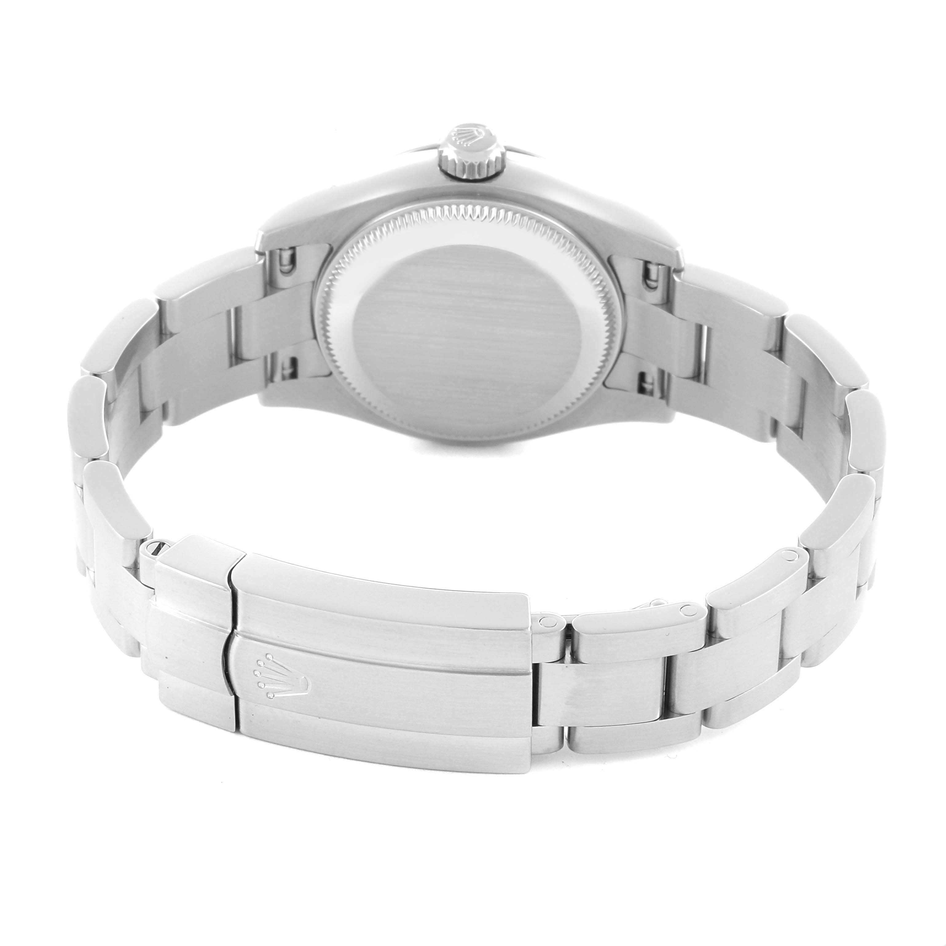The image shows the back of a Rolex Oyster Perpetual 176200 Women's Stainless Steel White Dial 176200 Women's Stainless Steel White Dial watch, highlighting the clasp and caseback from a rear angle.