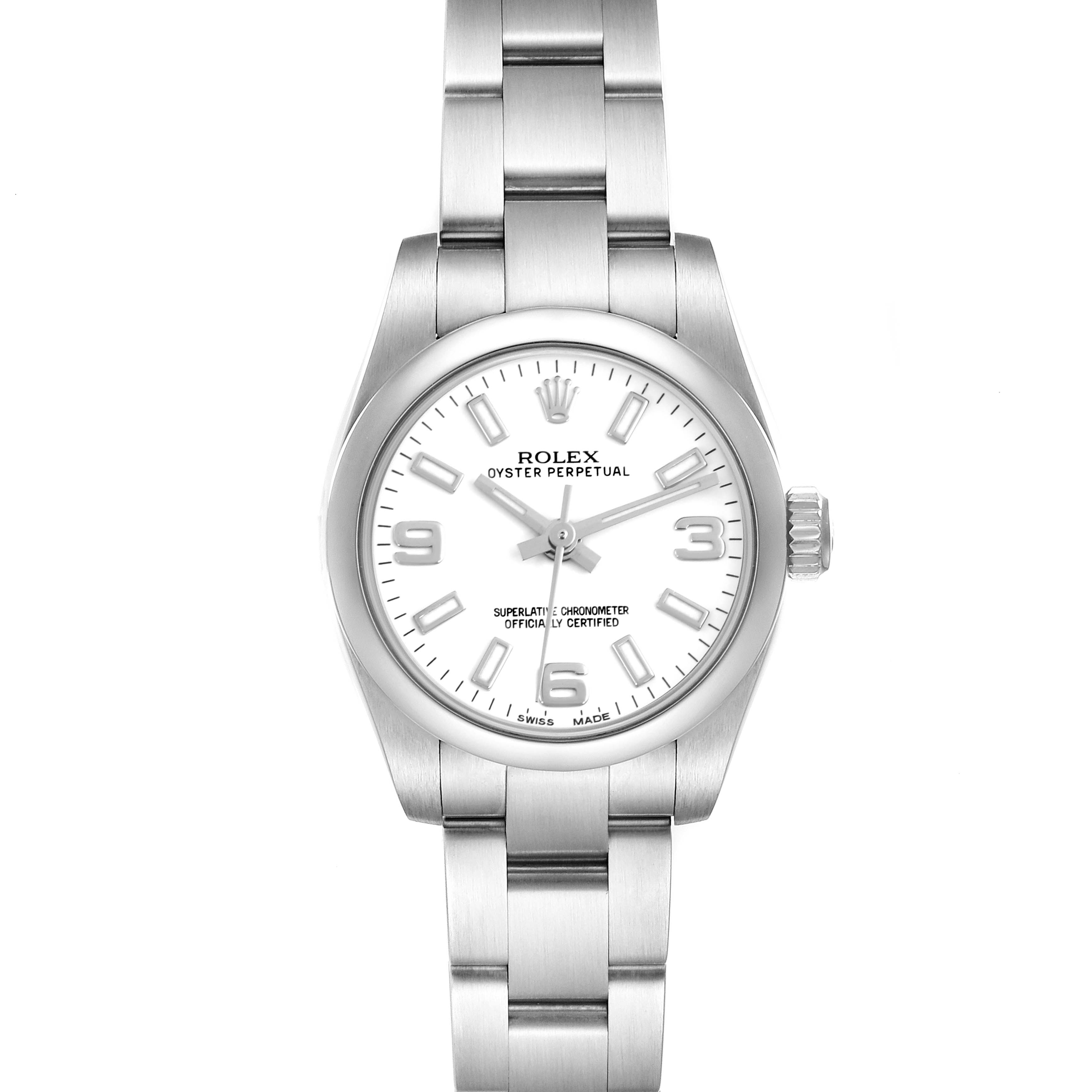 The Rolex Oyster Perpetual 176200 Women's Stainless Steel White Dial 176200 Women's Stainless Steel White Dial watch is shown from a top-down angle, displaying the face, bezel, and full bracelet.