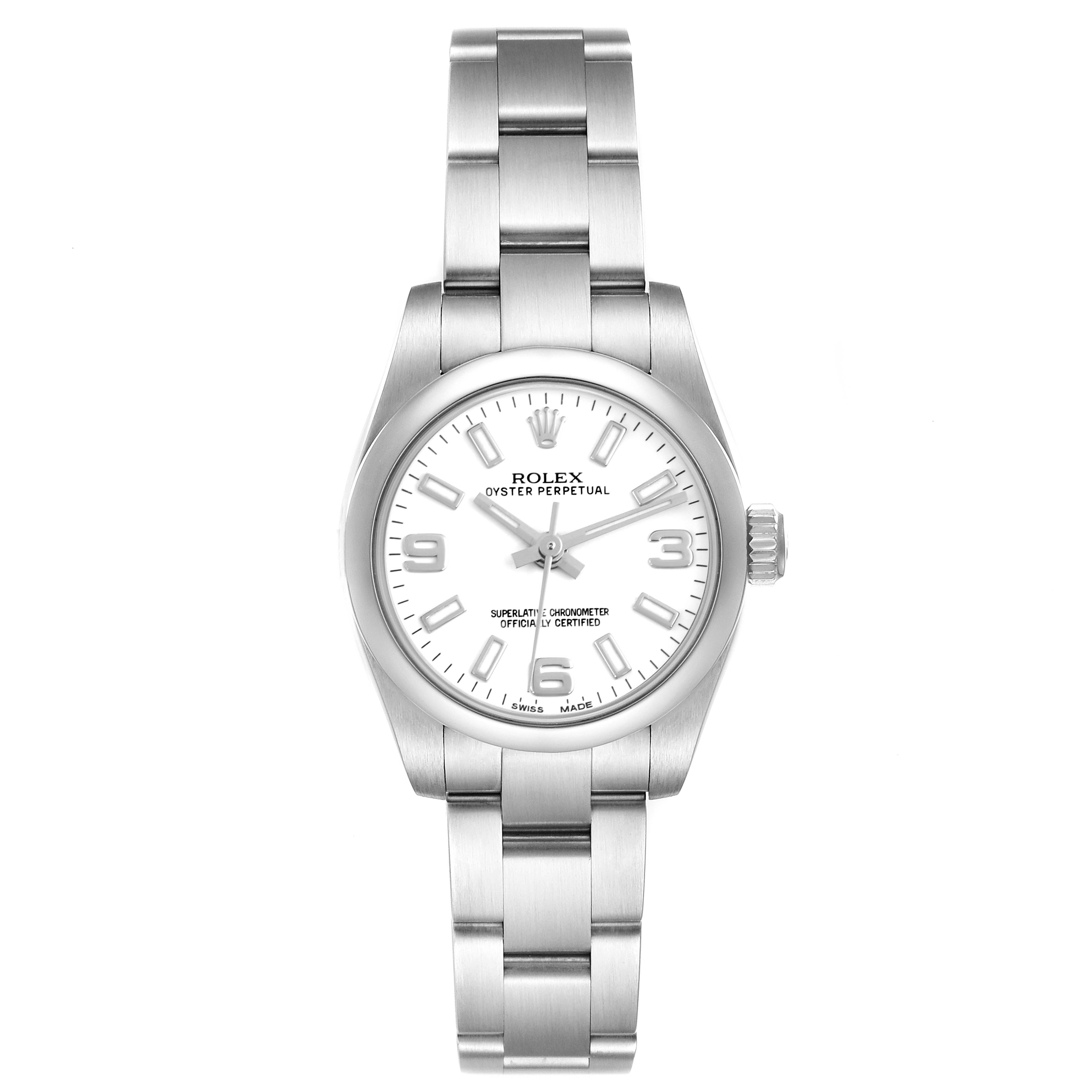 The Rolex Oyster Perpetual 176200 Women's Stainless Steel White Dial 176200 Women's Stainless Steel White Dial watch is shown from a top-down angle, displaying the face, bracelet, and crown.