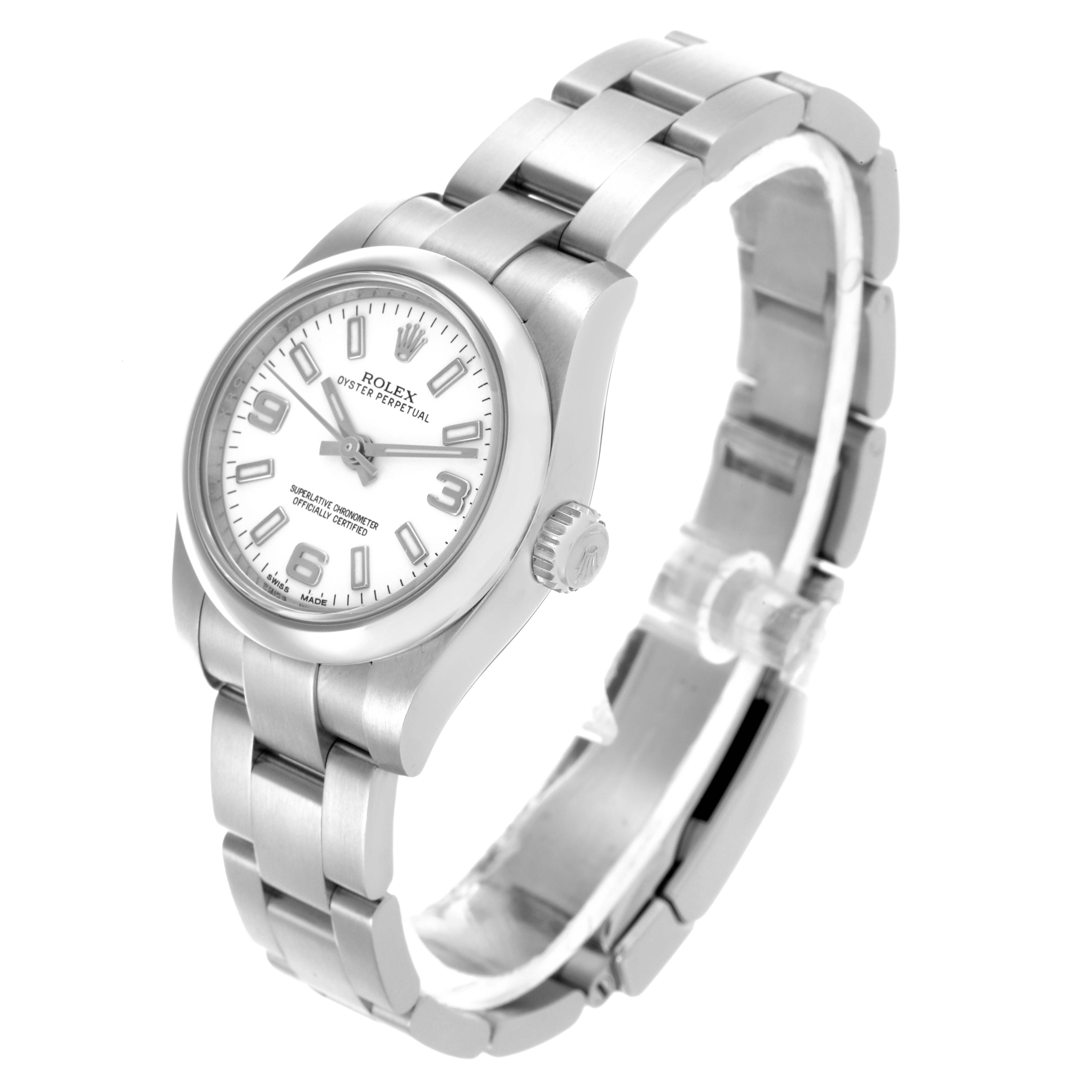 The Rolex Oyster Perpetual 176200 Women's Stainless Steel White Dial 176200 Women's Stainless Steel White Dial is shown at a slight angle, displaying the face, bezel, crown, and bracelet.