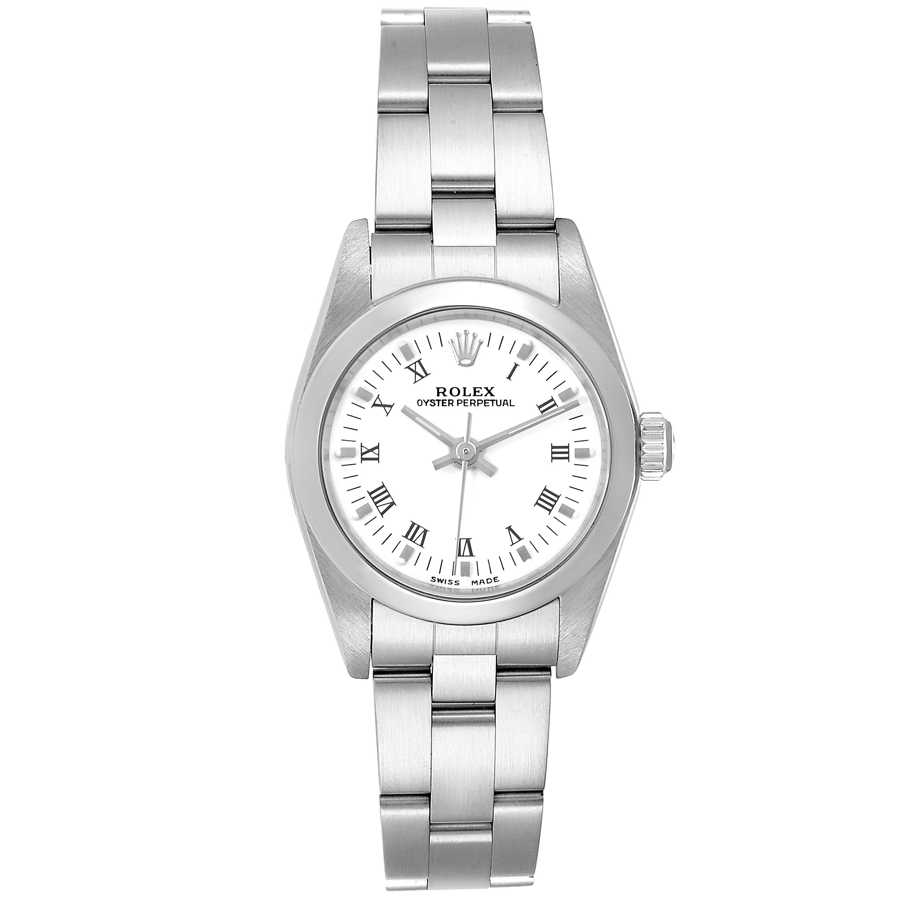 This image shows a frontal view of a Rolex Oyster Perpetual 76080 Women's Stainless Steel White Dial 76080 Women's Stainless Steel White Dial watch, displaying its dial, bezel, and bracelet.