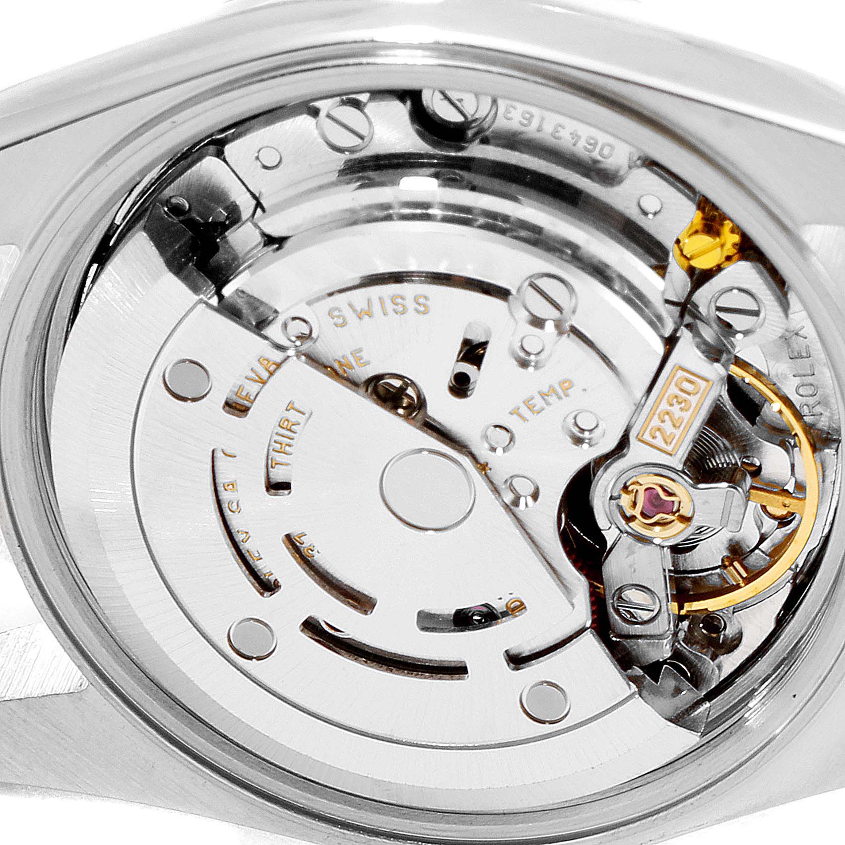 The image shows a close-up view of the movement inside the Rolex Oyster Perpetual 76080 Women's Stainless Steel White Dial 76080 Women's Stainless Steel White Dial watch.