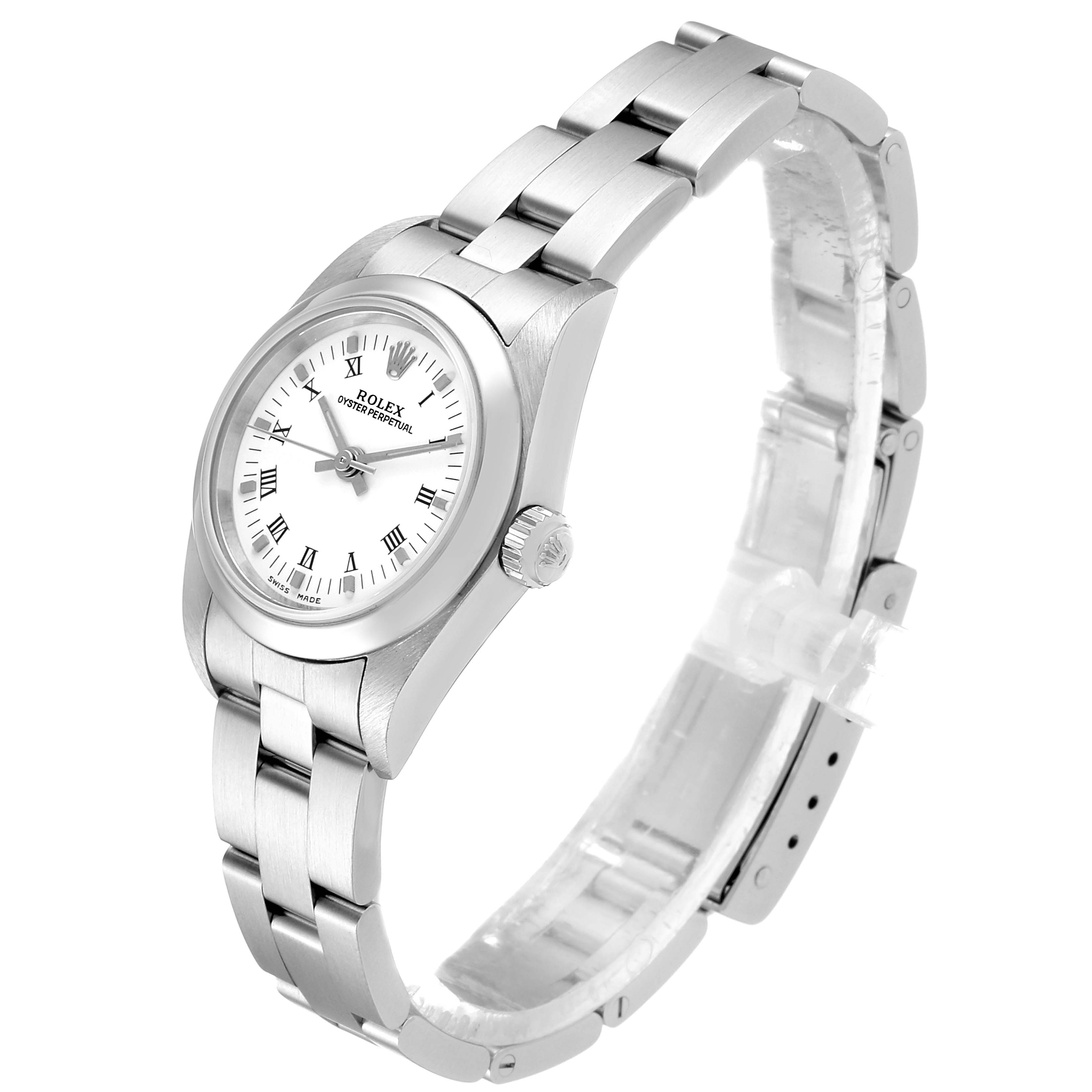 The Rolex Oyster Perpetual 76080 Women's Stainless Steel White Dial 76080 Women's Stainless Steel White Dial watch is shown from an angle highlighting the dial, crown, and bracelet.