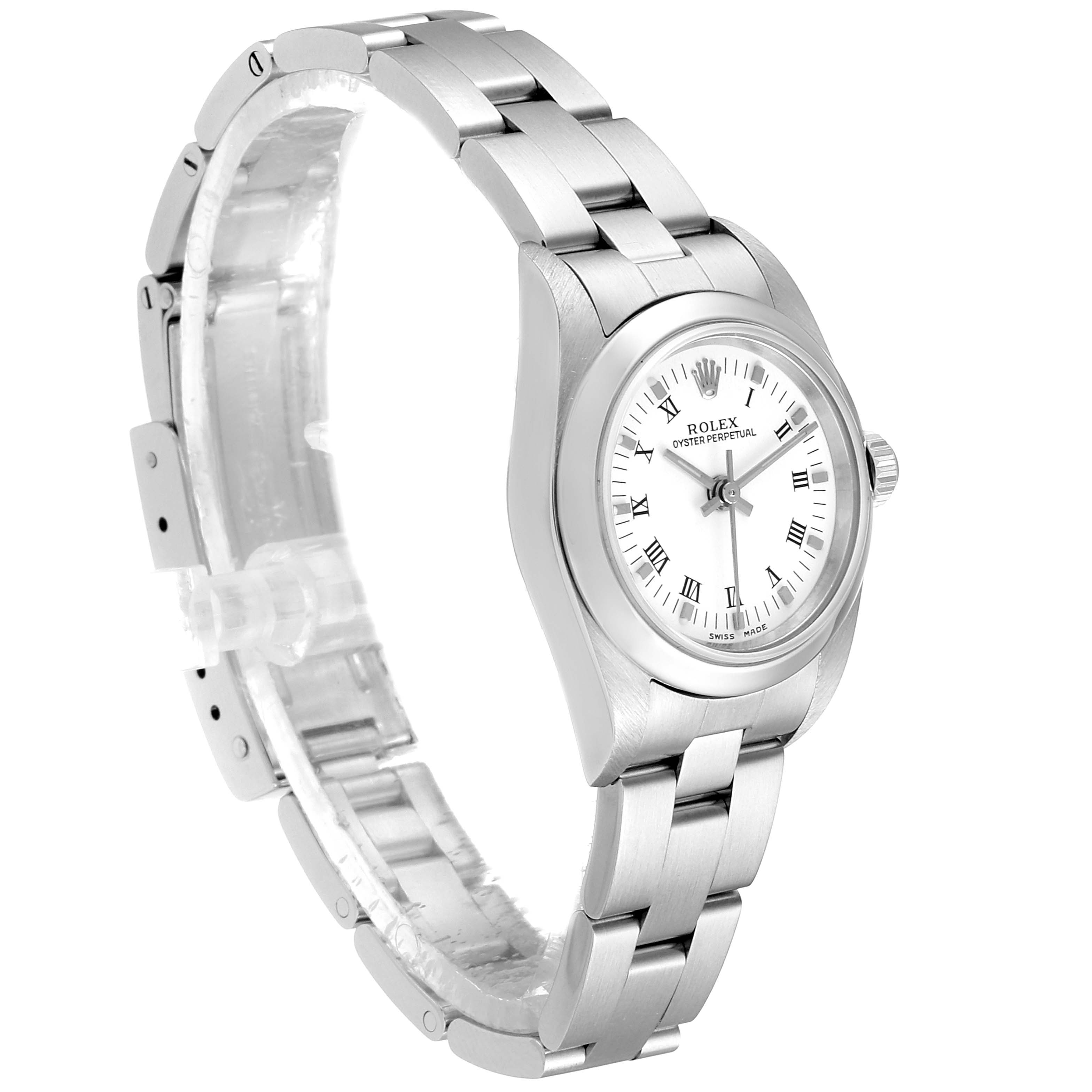 This side-angle view of the Rolex Oyster Perpetual 76080 Women's Stainless Steel White Dial 76080 Women's Stainless Steel White Dial watch shows the white dial, stainless steel case, and bracelet.