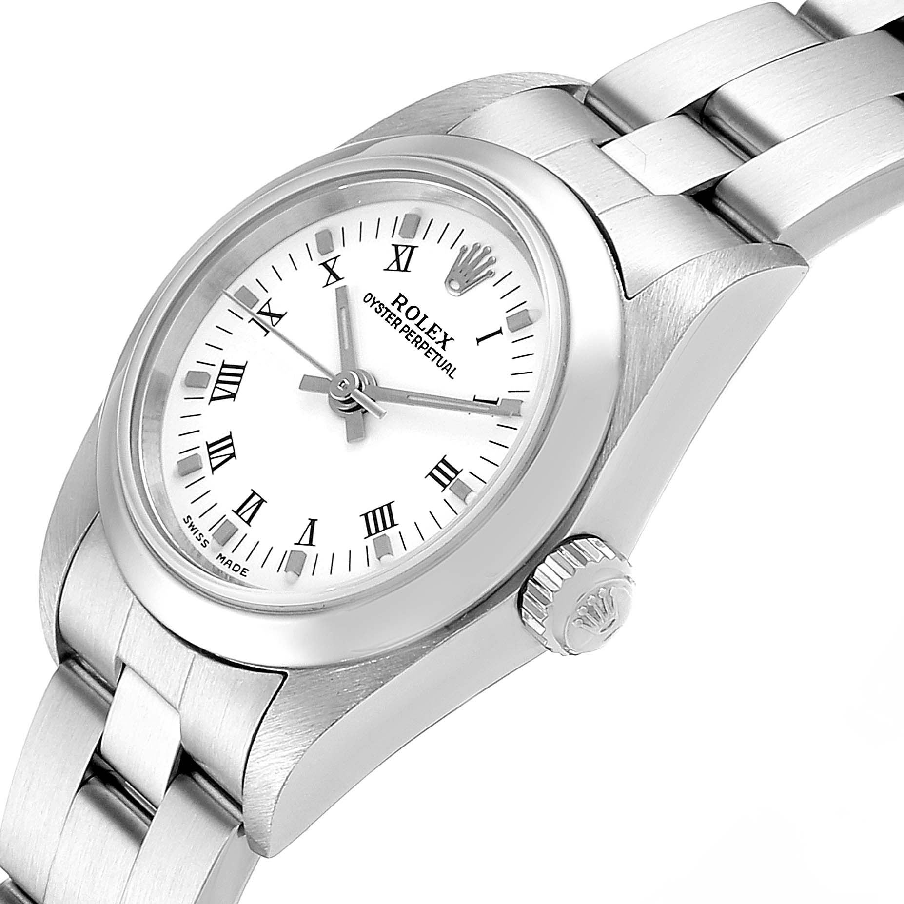 This image shows a Rolex Oyster Perpetual 76080 Women's Stainless Steel White Dial 76080 Women's Stainless Steel White Dial watch at an angled side view, highlighting the dial, bezel, and crown.