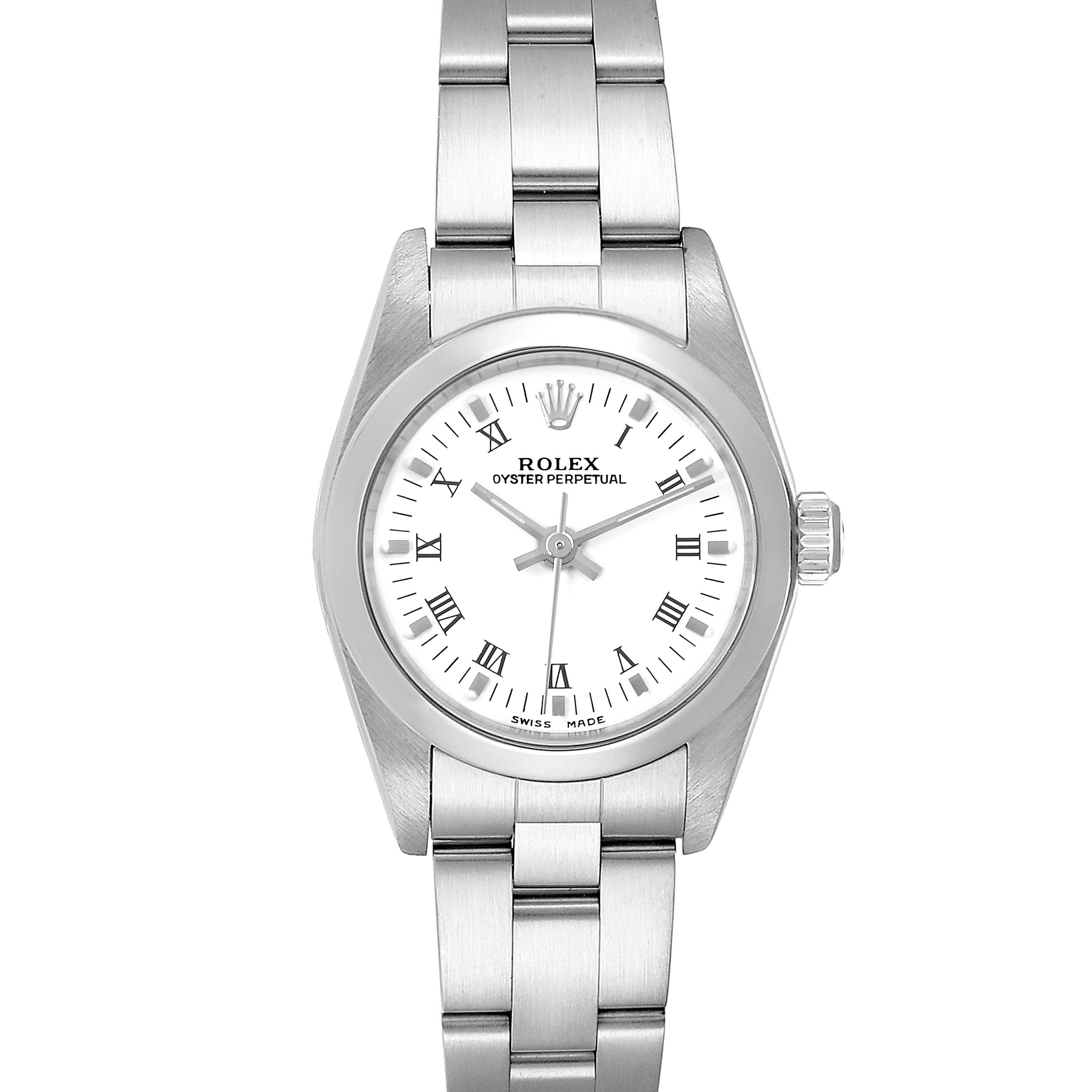 The image shows a front view of a Rolex Oyster Perpetual 76080 Women's Stainless Steel White Dial 76080 Women's Stainless Steel White Dial watch, displaying its dial, case, and bracelet.
