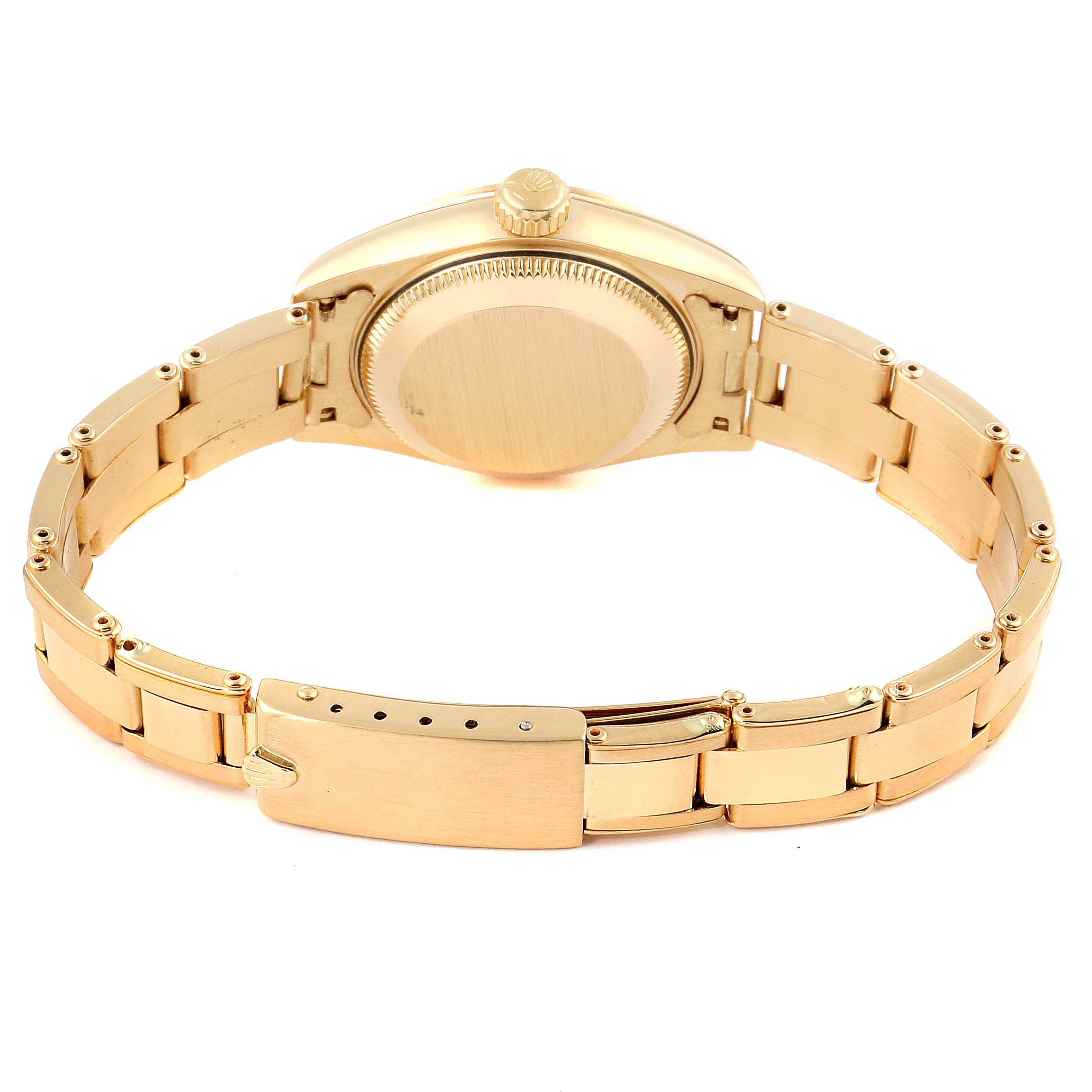 This image shows the back case and bracelet of a Rolex President 69168 Women's Yellow Gold Beige Dial 69168 Women's Yellow Gold Beige Dial model watch, viewed from a rear perspective.