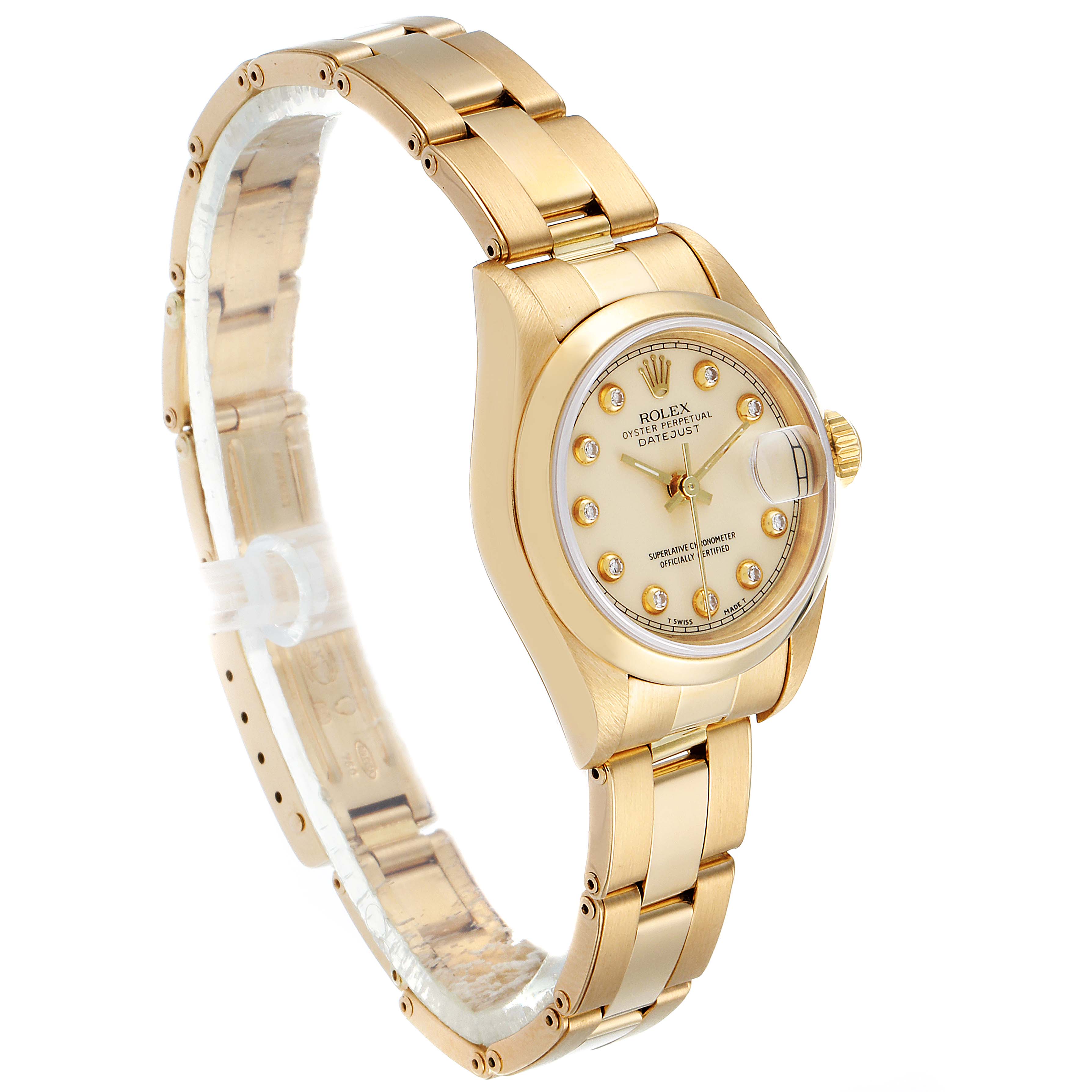 The image shows a side view of a Rolex President 69168 Women's Yellow Gold Beige Dial 69168 Women's Yellow Gold Beige Dial model watch, highlighting its gold case, bracelet, and dial with diamond markers.