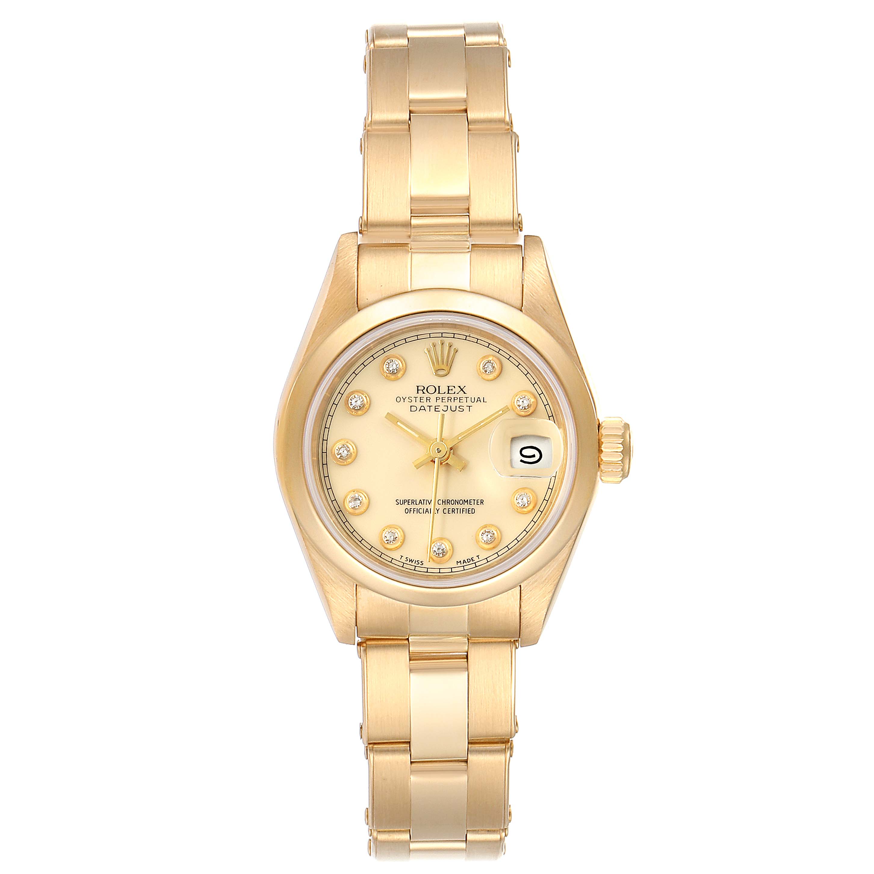 This image shows a frontal view of a Rolex President 69168 Women's Yellow Gold Beige Dial 69168 Women's Yellow Gold Beige Dial model watch, highlighting its gold finish, bracelet, and dial.
