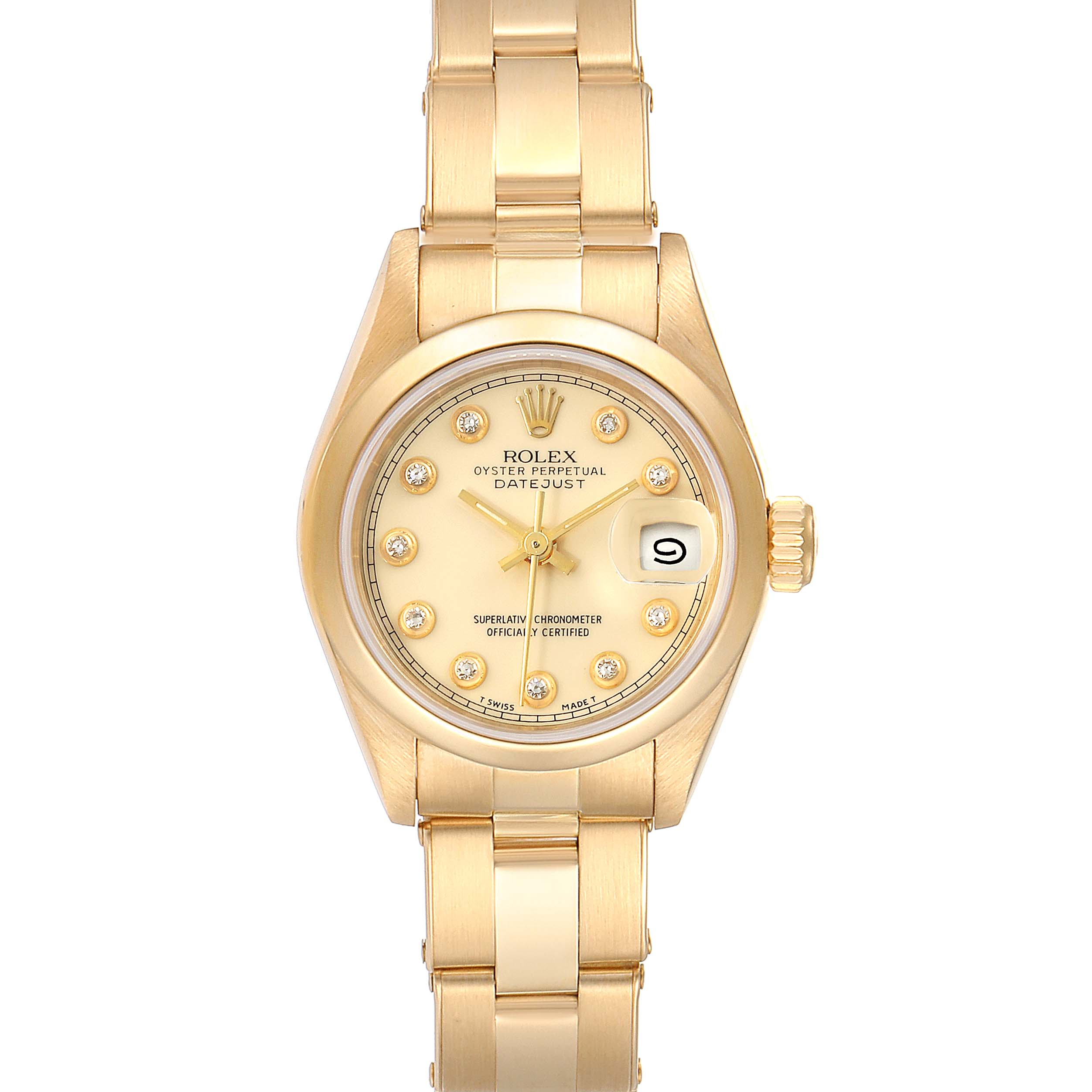 The image shows a frontal view of a Rolex President 69168 Women's Yellow Gold Beige Dial 69168 Women's Yellow Gold Beige Dial model watch with a gold bracelet, diamond markers, and a date display.