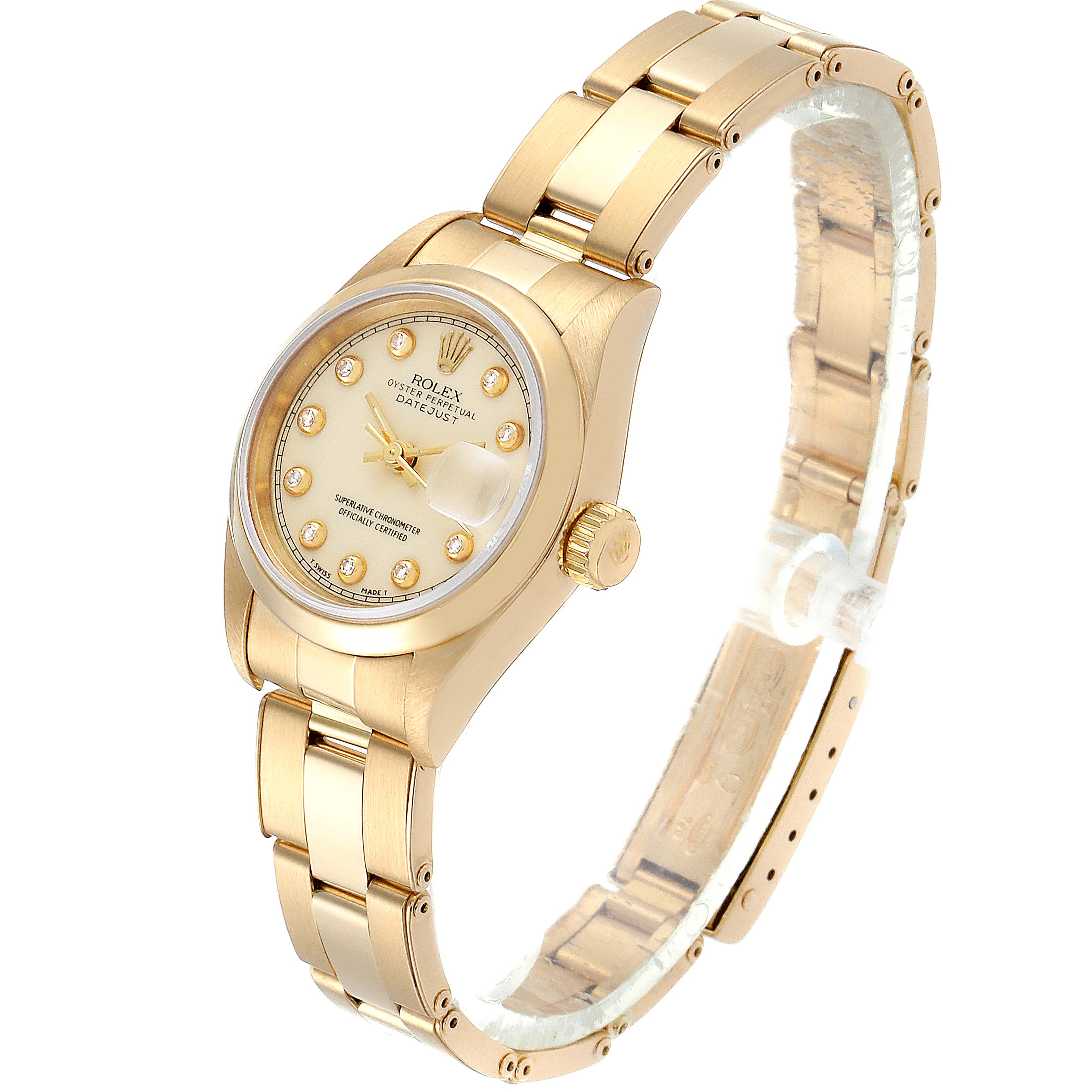 The Rolex President 69168 Women's Yellow Gold Beige Dial 69168 Women's Yellow Gold Beige Dial model watch is shown at an oblique angle, featuring the face, crown, and bracelet.