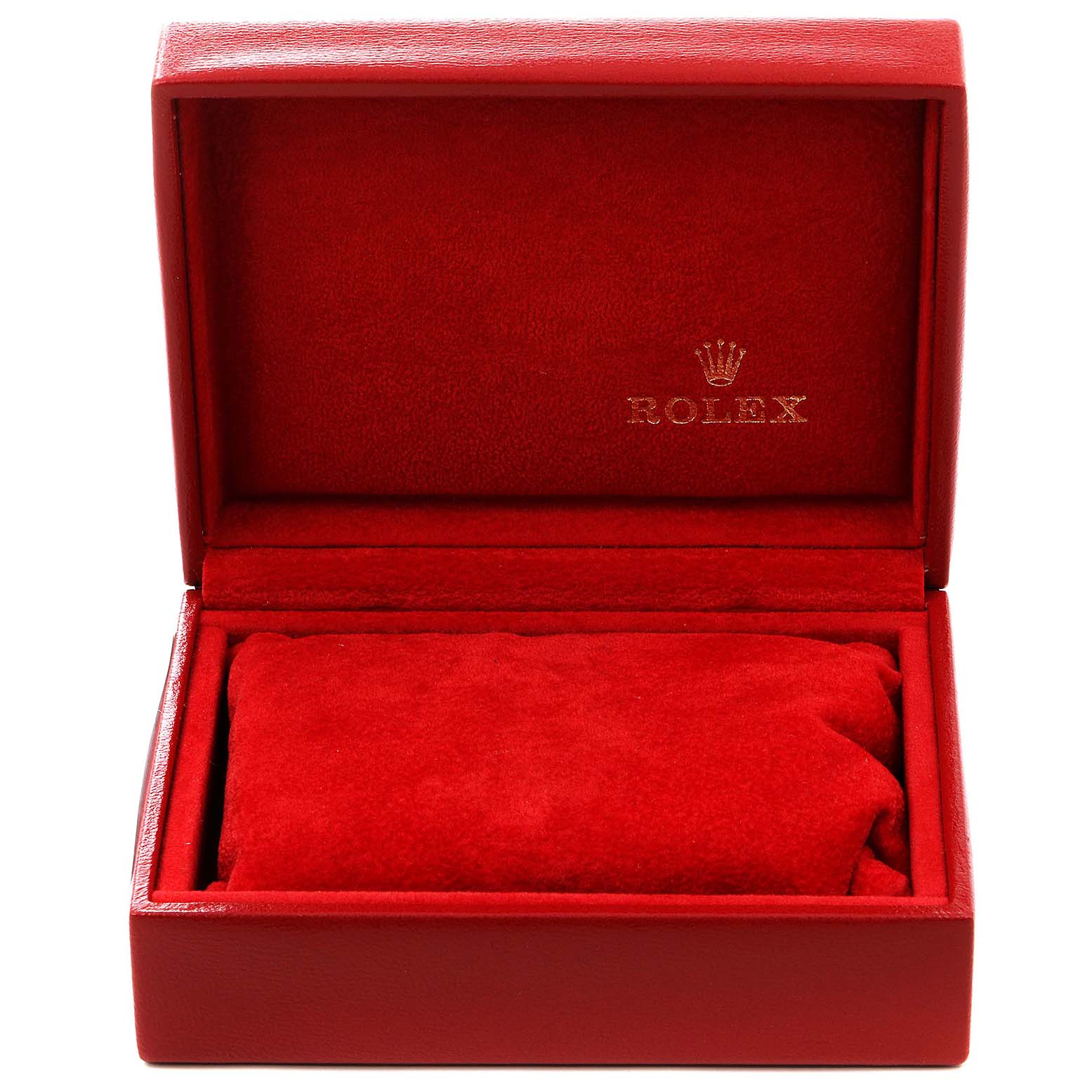 The image shows a red Rolex watch box for the President model, with an open lid displaying the Rolex logo.