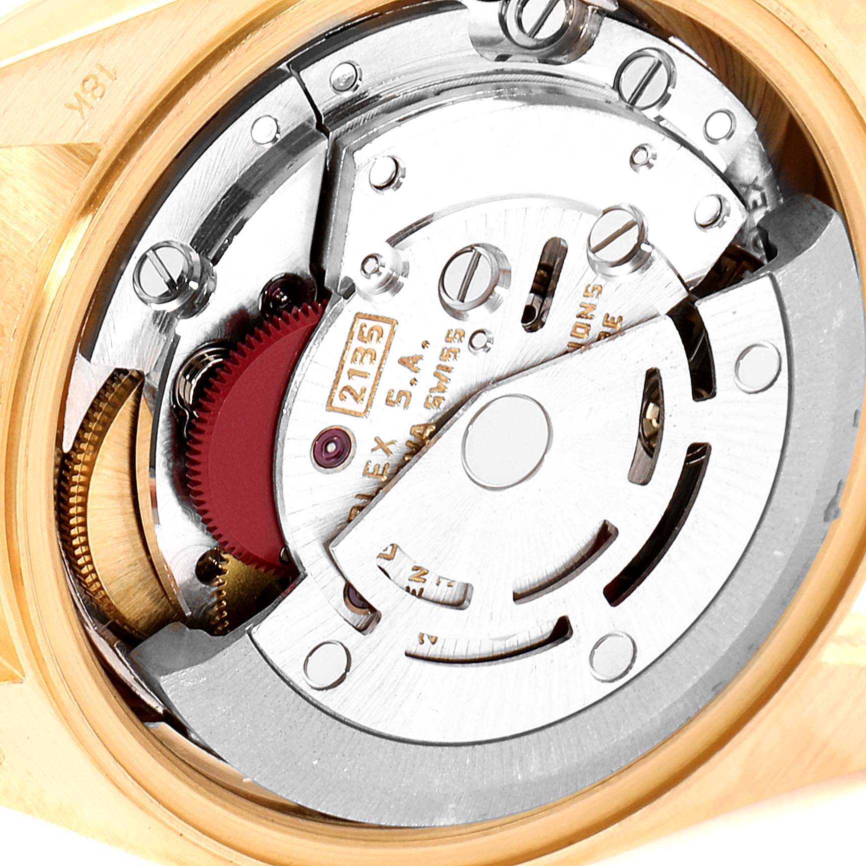 This image shows the internal mechanism of a Rolex President 69168 Women's Yellow Gold Beige Dial 69168 Women's Yellow Gold Beige Dial model watch from a close-up angle.
