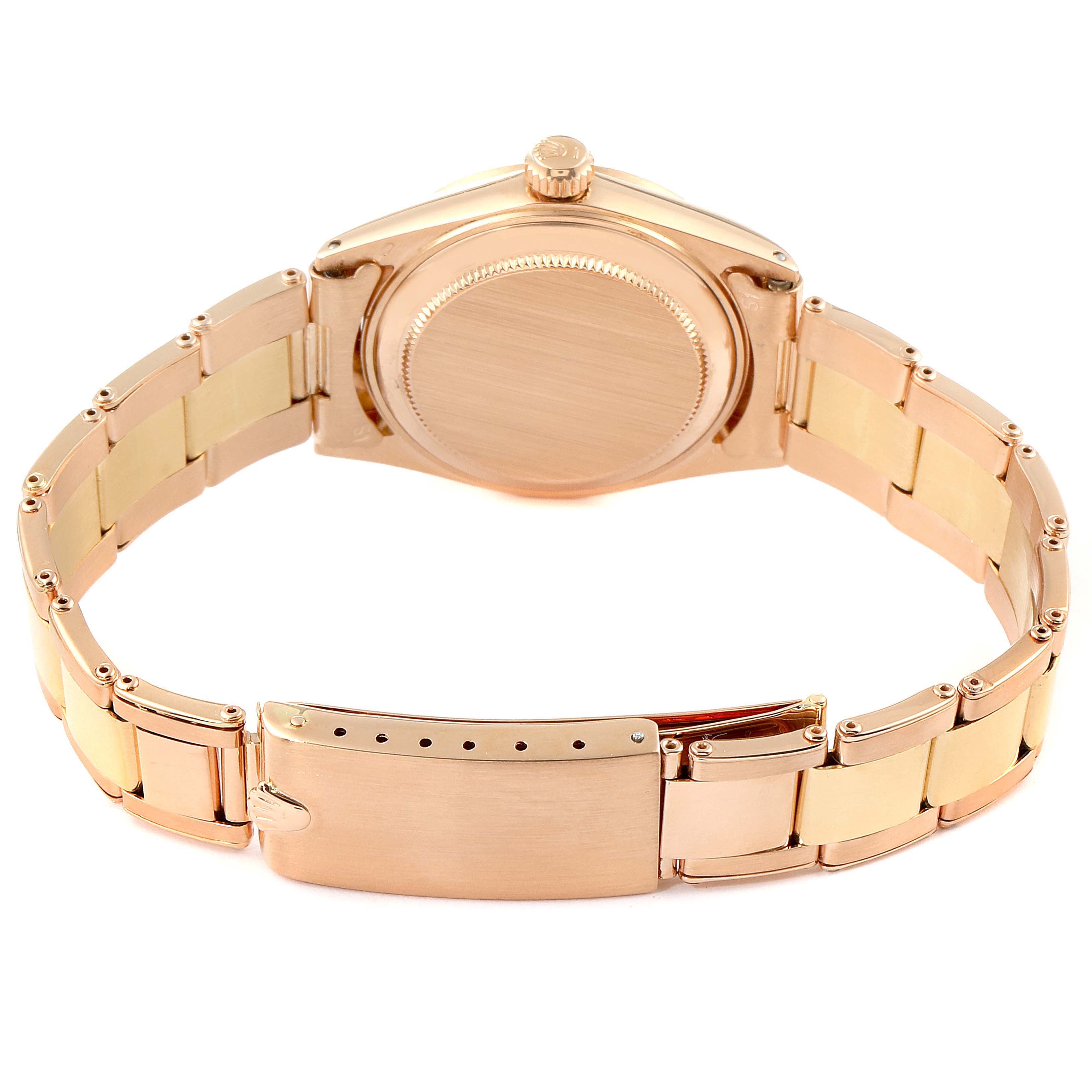 The image shows the back and bracelet of a Rolex President 6827 Women's Rose Gold White Dial 6827 Women's Rose Gold White Dial model watch with the clasp open.