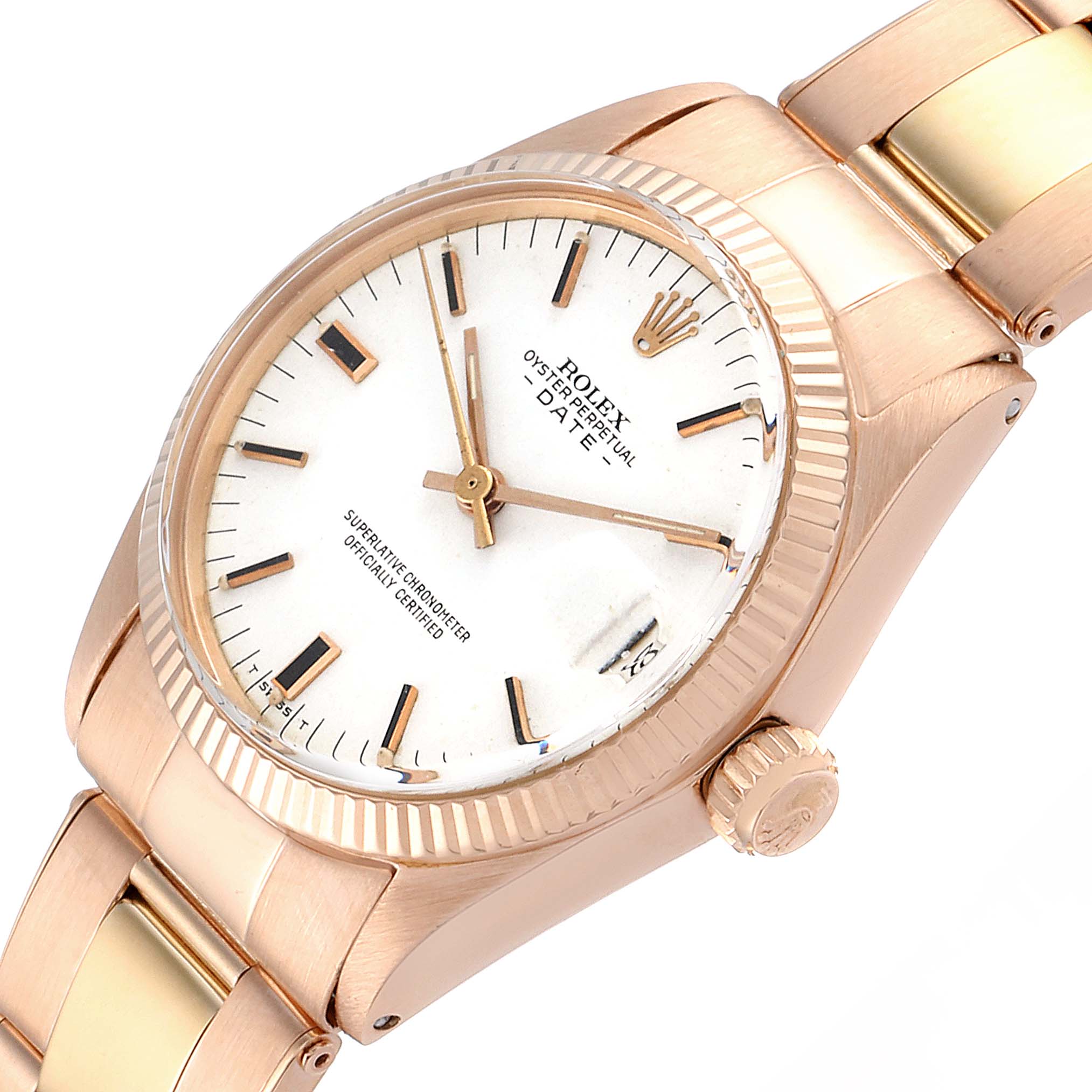This image shows the face, bezel, and part of the bracelet of a Rolex President 6827 Women's Rose Gold White Dial 6827 Women's Rose Gold White Dial model watch at a slight angle.