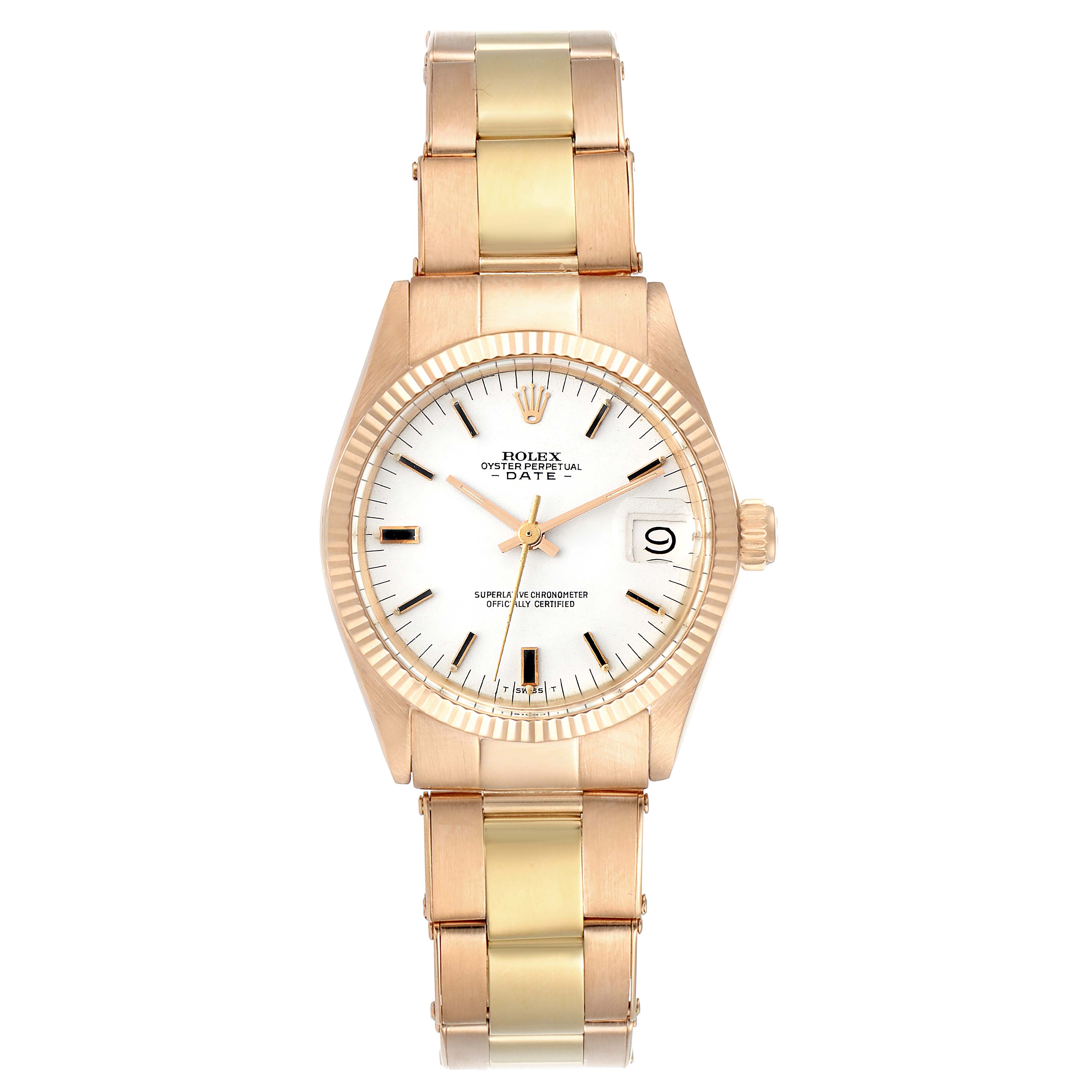 The Rolex President 6827 Women's Rose Gold White Dial 6827 Women's Rose Gold White Dial model watch is shown from a top-down angle, displaying its face, bezel, and bracelet.