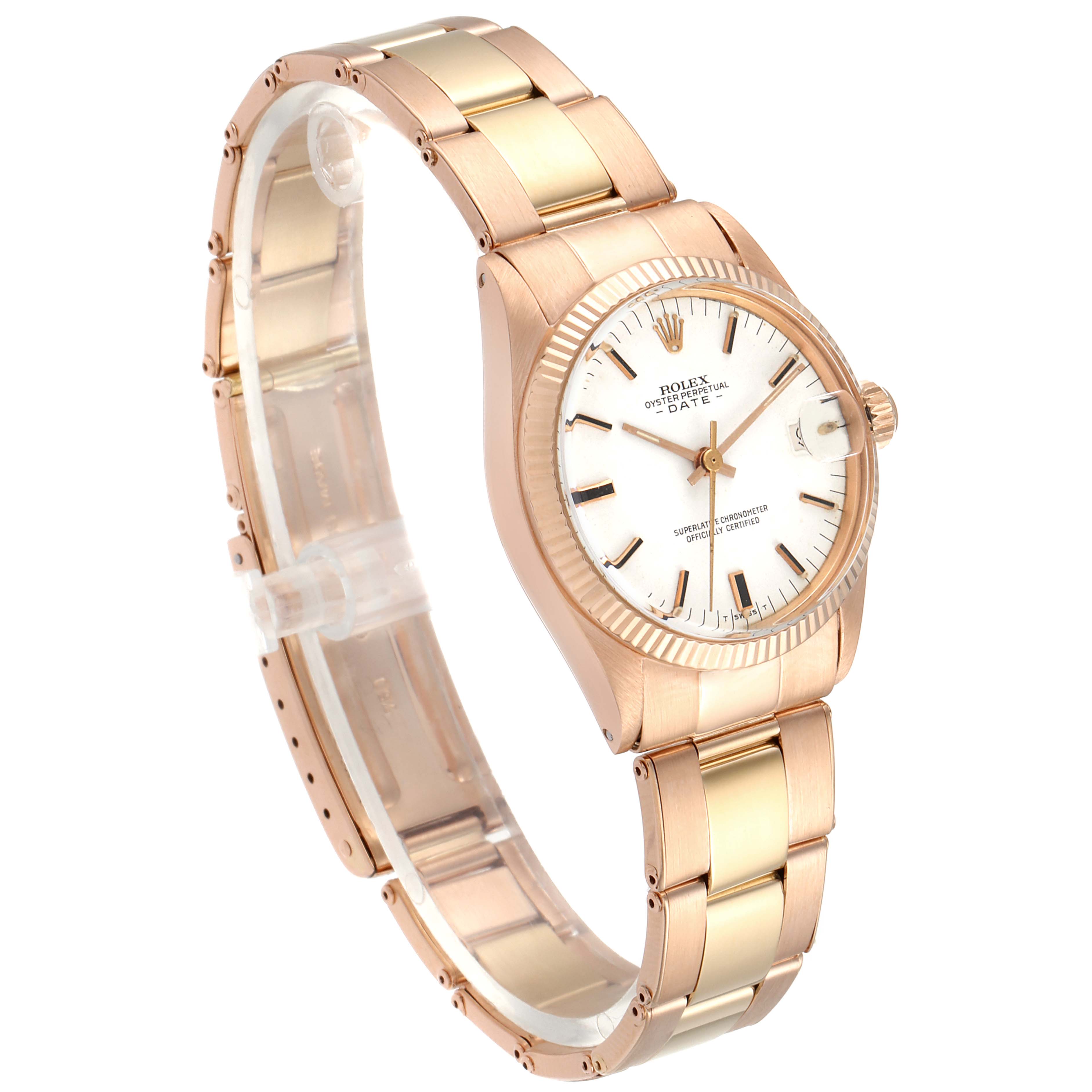 This Rolex President 6827 Women's Rose Gold White Dial 6827 Women's Rose Gold White Dial model watch is shown at an angled view displaying its rose gold bracelet, white dial, and fluted bezel.