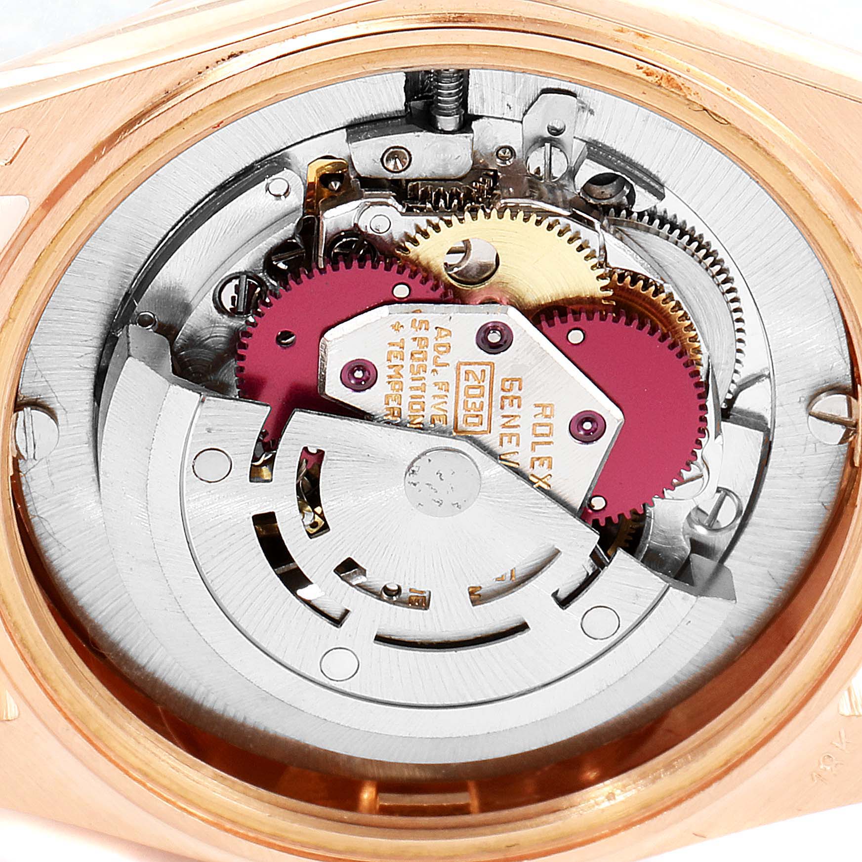 This image shows the internal movement mechanism of a Rolex President 6827 Women's Rose Gold White Dial 6827 Women's Rose Gold White Dial model watch from a close-up, top-down angle.